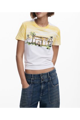 【デシグアル/Desigual】のヤシの木柄の半袖Tシャツ 人気、トレンドファッション・服の通販 founy(ファニー) ファッション Fashion レディースファッション WOMEN トップス・カットソー Tops/Tshirt シャツ/ブラウス Shirts/Blouses ロング / Tシャツ T-Shirts カラフル Colorful シューズ Shoes デニム Denim パターン Pattern パッチワーク Patchwork プリント Print メンズ Mens 半袖 Short Sleeve 無地 Plain Color |ID:prp329100004566308