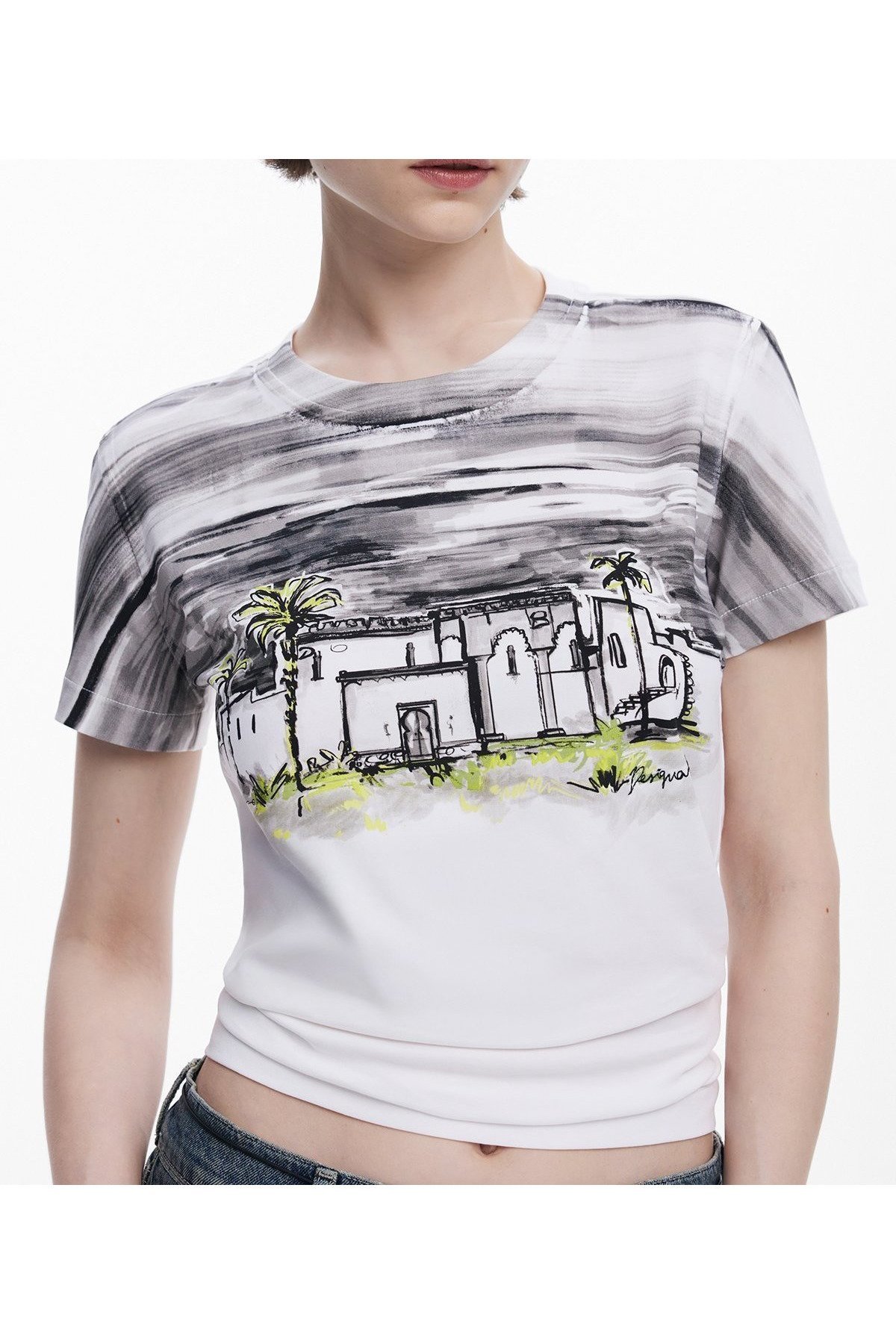 【デシグアル/Desigual】のヤシの木柄の半袖Tシャツ インテリア・キッズ・メンズ・レディースファッション・服の通販 founy(ファニー) 　ファッション　Fashion　レディースファッション　WOMEN　トップス・カットソー　Tops/Tshirt　シャツ/ブラウス　Shirts/Blouses　ロング / Tシャツ　T-Shirts　カラフル　Colorful　シューズ　Shoes　デニム　Denim　パターン　Pattern　パッチワーク　Patchwork　プリント　Print　メンズ　Mens　半袖　Short Sleeve　無地　Plain Color　グレー/ブラック/2000|ID: prp329100004566308 ipo3291000000032293398