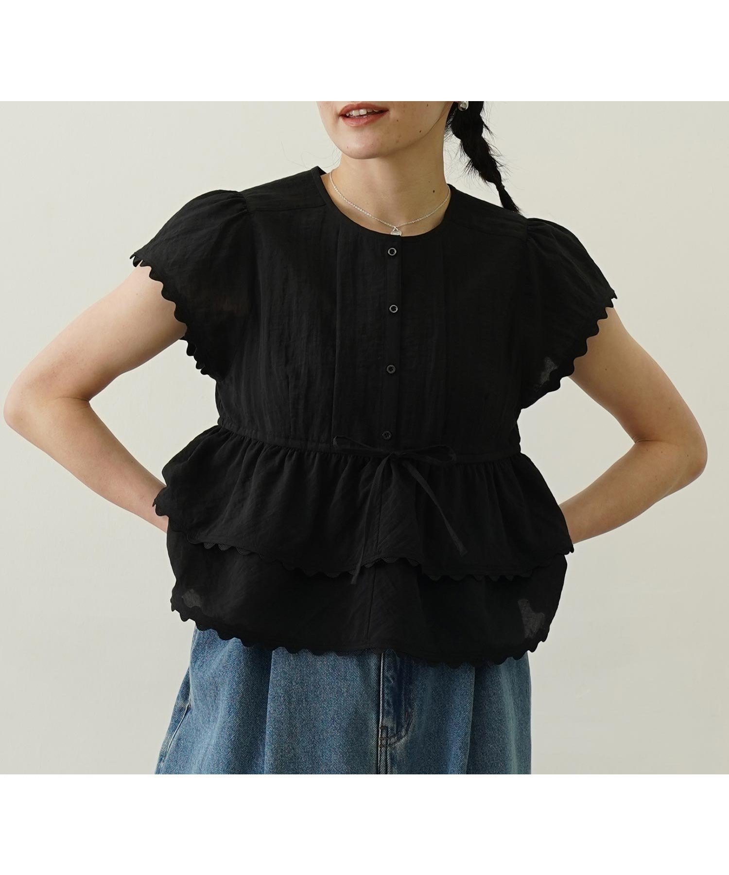【ミルクフェド/MILKFED.】のMILKFED./FRILL AND LACE BLOUSE インテリア・キッズ・メンズ・レディースファッション・服の通販 founy(ファニー) 　ファッション　Fashion　レディースファッション　WOMEN　おすすめ　Recommend　ガーリー　Girly　デニム　Denim　フリル　Frills　ボトム　Bottom　レース　Race　夏　Summer　BLACK|ID: prp329100004566539 ipo3291000000032295225
