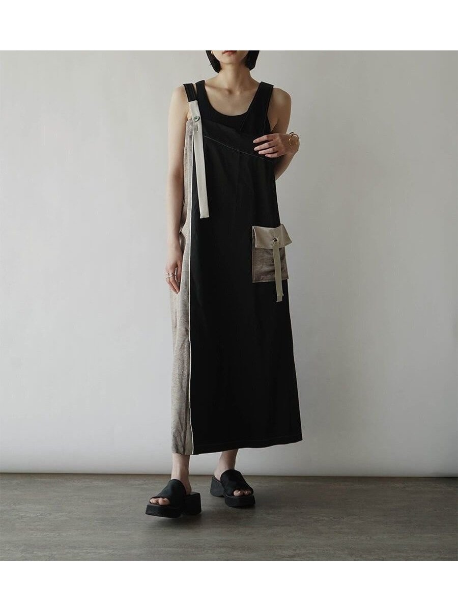 【ラシュッド/LASUD】の配色ドッキングアシメジャンパースカート インテリア・キッズ・メンズ・レディースファッション・服の通販 founy(ファニー) 　ファッション　Fashion　レディースファッション　Ladies' Fashion Online　スカート　Skirt　インナー　Inner　サテン　Satin　シンプル　Simple　スリット　Slit　ドッキング　Docking　フロント　Front　ポケット　Pocket　ブラック|ID: prp329100004566850 ipo3291000000032665901