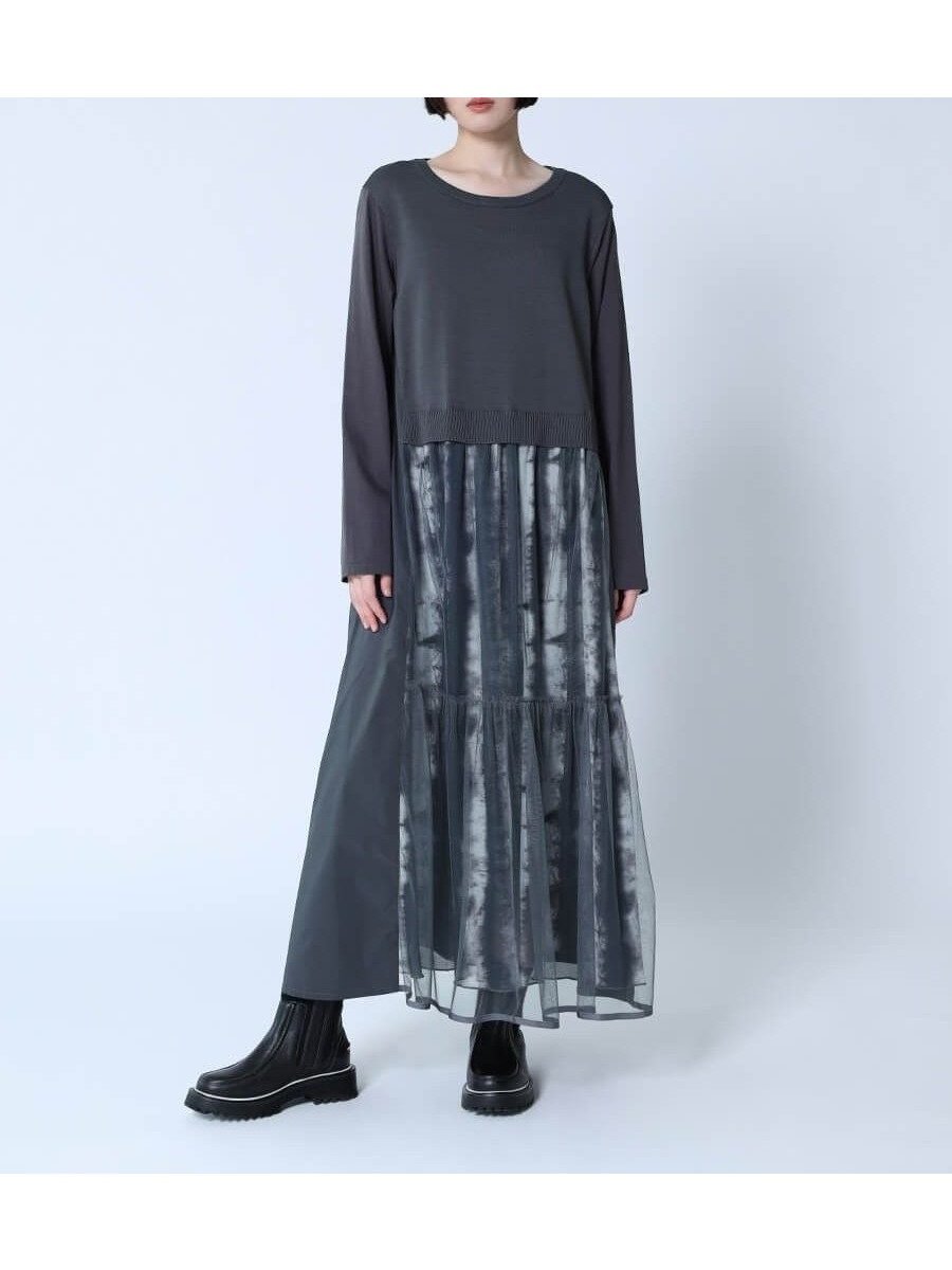 【ラシュッド/LASUD】の柄レイヤードシアーワンピース インテリア・キッズ・メンズ・レディースファッション・服の通販 founy(ファニー) 　ファッション　Fashion　レディースファッション　Fashion for Women　ワンピース　Dresses　シアー　Sheer, See-Through　ドッキング　Docking, Mixed Material　今季　This Season, Current Season　長袖　Long Sleeve, Full Sleeve　チャコールグレー|ID: prp329100004566878 ipo3291000000032723176