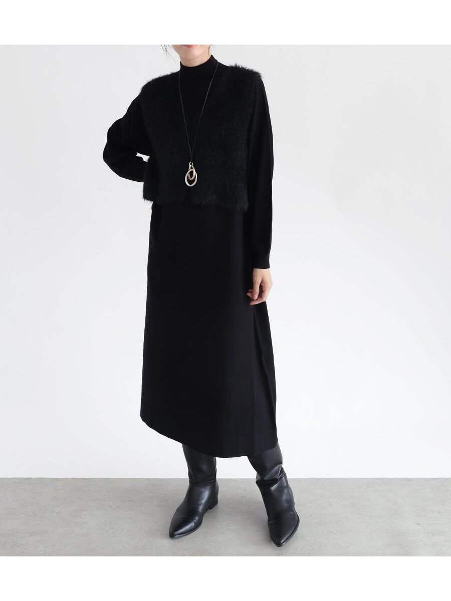 【ラシュッド/LASUD】のシャギーベスト×ニットワンピース インテリア・キッズ・メンズ・レディースファッション・服の通販 founy(ファニー) 　ファッション　Fashion　レディースファッション　WOMEN　アウター　Coat Outerwear　ワンピース　Dress　ニットワンピース　Knit Dresses　コンパクト　Compact　トレンド　Trend　バランス　Balance　ベスト　Vest　ベーシック　Basic　今季　This Season　ブラック|ID: prp329100004566886 ipo3291000000032299046