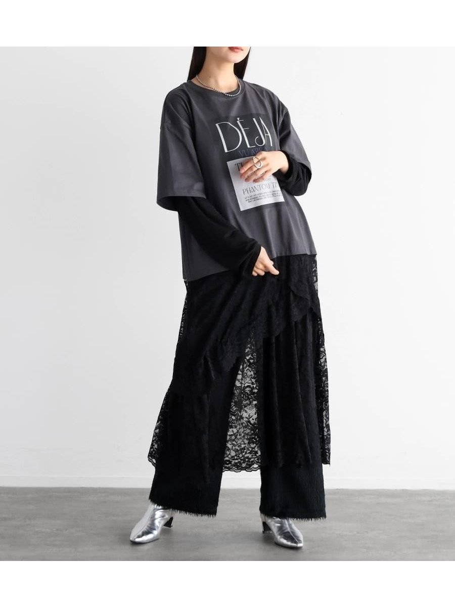 【ラシュッド/LASUD】のロゴプリントレースドッキングワンピース インテリア・キッズ・メンズ・レディースファッション・服の通販 founy(ファニー) 　ファッション　Fashion　レディースファッション　WOMEN　ワンピース　Dress　カットソー　Cut And Sew　テレコ　Tereko　デニム　Denim　パターン　Pattern　フォルム　Form　フラワー　Flower　ミックス　Mix　モチーフ　Motif　レース　Race　おすすめ　Recommend　エレガント 上品　Elegant　チャコールグレー|ID: prp329100004566889 ipo3291000000032299062