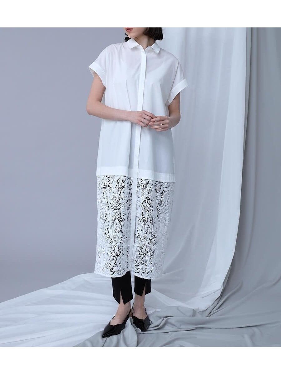 【ラシュッド/LASUD】のレースドッキングロングシャツ インテリア・キッズ・メンズ・レディースファッション・服の通販 founy(ファニー) 　ファッション　Fashion　レディースファッション　Fashion for Women　トップス・カットソー　Cut & Sew Tops　シャツ・ブラウス・オフィスカジュアル　Elegant Blouses & Button-Ups　春　Spring　コラボ　Collaboration, Collab　ストレッチ　Stretch, Stretchy Fabric　ストレート　Straight, Straight Cut　ダブル　Double, Double-Breasted　バランス　Balance, Style Balance　羽織　Haori, Light Jacket　レーシー　Lacy, Lace-Like　レース　Lace, Lace Fabric　ロング　Long, Long-Length　ワイド　Wide, Wide Fit　S/S・春夏　SS, Spring/Summer, Warm Season　夏　Summer　エレガント 上品　Elegant　オフホワイト|ID: prp329100004566906 ipo3291000000032722925