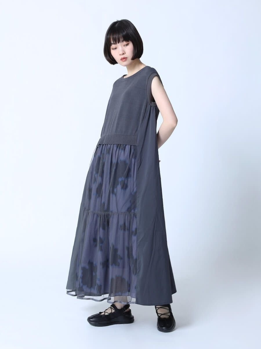 【ラシュッド/LASUD】のチュールレイヤード柄ワンピース インテリア・キッズ・メンズ・レディースファッション・服の通販 founy(ファニー) 　ファッション　Fashion　レディースファッション　Fashion for Women　ワンピース　Dresses　サマー　Summer, Summer Style　チュール　Tulip, Tulip Motif　フレア　Flare, Flared　プリント　Print, Printed Pattern　今季　This Season, Current Season　チャコールグレー|ID: prp329100004566918 ipo3291000000032723081