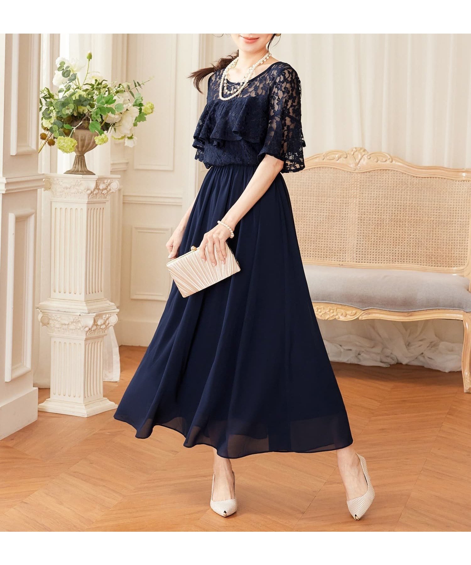 【ドレス/DRESS+】のパーティードレス ワンピース 体型カバー 結婚式 インテリア・キッズ・メンズ・レディースファッション・服の通販 founy(ファニー) 　ファッション　Fashion　レディースファッション　Fashion for Women　ワンピース　Dresses　フォーマル・パーティードレス・結婚式用ドレス　Elegant & Casual Dresses　カーディガン　Cardigan, Knitwear　シアー　Sheer, See-Through　シフォン　Chiffon, Lightweight Fabric　ショート　Short, Short Length　ジャケット　Jacket, Outerwear　デニム　Denim, Jeans Material　ドレス　Dress, One-Piece　フリル　Frill, Ruffle　ベスト　Vest, Waistcoat　レース　Lace, Lace Fabric　ロング　Long, Long-Length　二次会　After Party　結婚式　Wedding　ネイビー|ID: prp329100004567109 ipo3291000000033491361