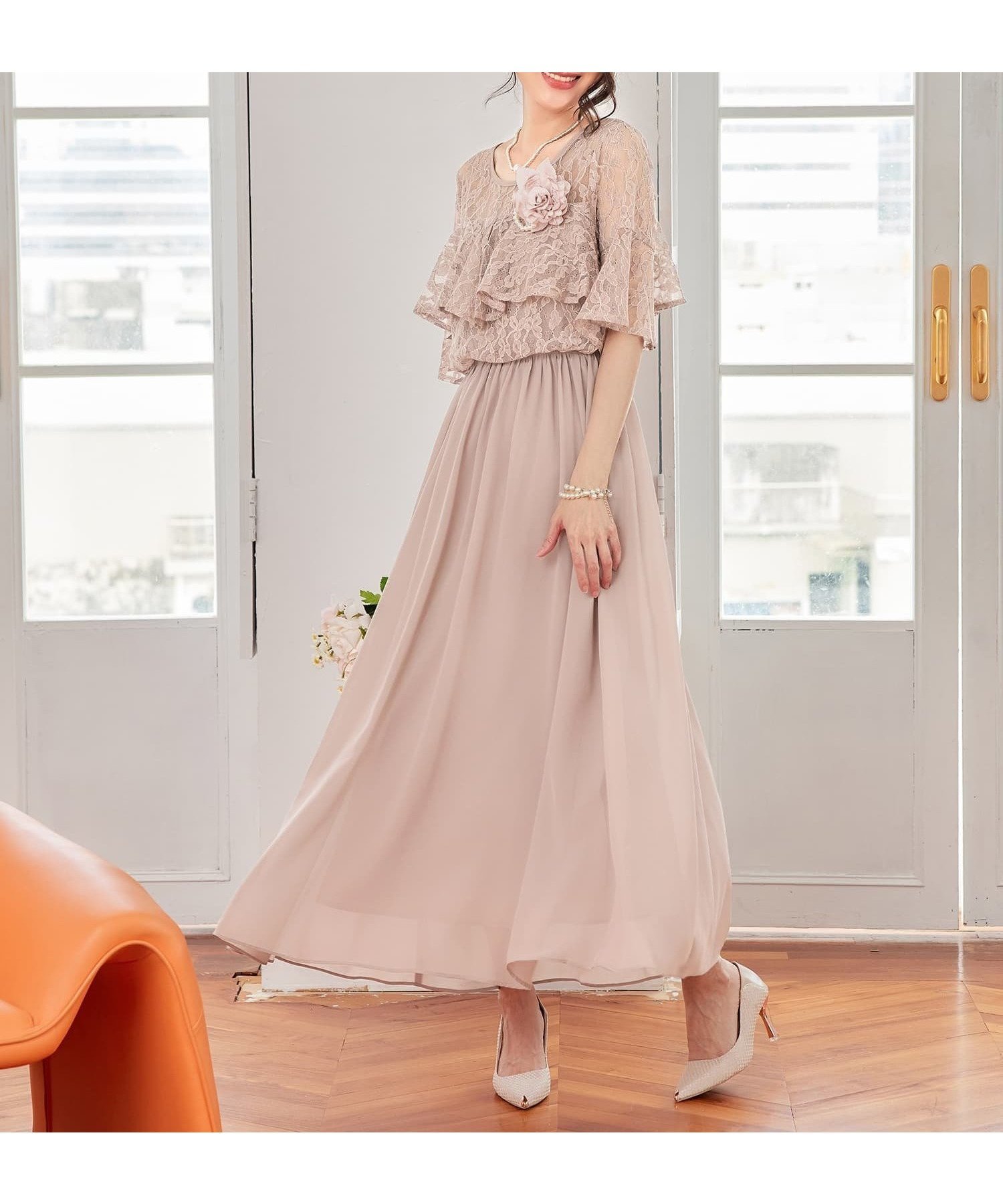 【ドレス/DRESS+】のパーティードレス ワンピース 体型カバー 結婚式 インテリア・キッズ・メンズ・レディースファッション・服の通販 founy(ファニー) 　ファッション　Fashion　レディースファッション　Fashion for Women　ワンピース　Dresses　フォーマル・パーティードレス・結婚式用ドレス　Elegant & Casual Dresses　カーディガン　Cardigan, Knitwear　シアー　Sheer, See-Through　シフォン　Chiffon, Lightweight Fabric　ショート　Short, Short Length　ジャケット　Jacket, Outerwear　デニム　Denim, Jeans Material　ドレス　Dress, One-Piece　フリル　Frill, Ruffle　ベスト　Vest, Waistcoat　レース　Lace, Lace Fabric　ロング　Long, Long-Length　二次会　After Party　結婚式　Wedding　ピンクベージュ|ID: prp329100004567109 ipo3291000000033491363