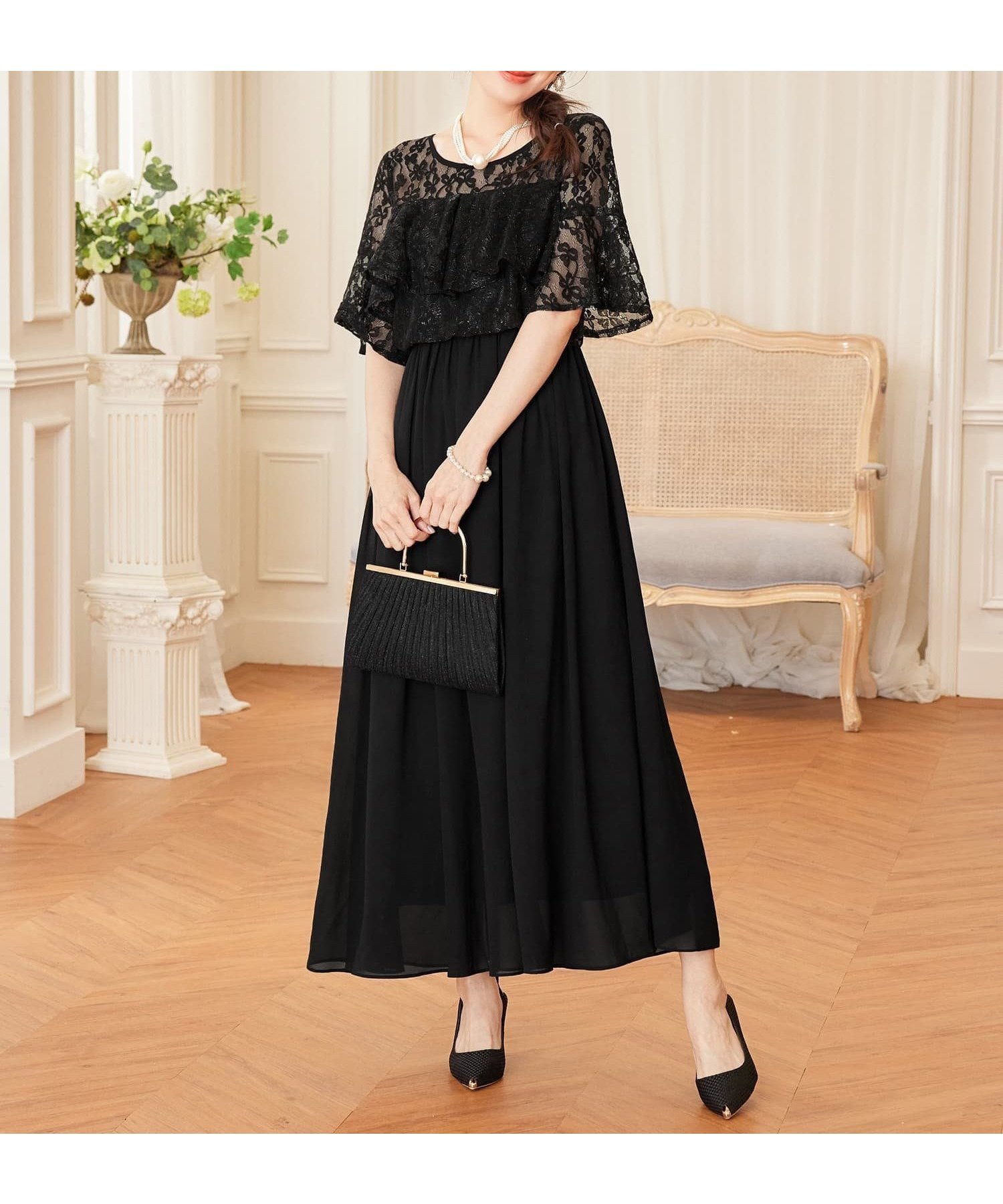 【ドレス/DRESS+】のパーティードレス ワンピース 体型カバー 結婚式 インテリア・キッズ・メンズ・レディースファッション・服の通販 founy(ファニー) 　ファッション　Fashion　レディースファッション　Fashion for Women　ワンピース　Dresses　フォーマル・パーティードレス・結婚式用ドレス　Elegant & Casual Dresses　カーディガン　Cardigan, Knitwear　シアー　Sheer, See-Through　シフォン　Chiffon, Lightweight Fabric　ショート　Short, Short Length　ジャケット　Jacket, Outerwear　デニム　Denim, Jeans Material　ドレス　Dress, One-Piece　フリル　Frill, Ruffle　ベスト　Vest, Waistcoat　レース　Lace, Lace Fabric　ロング　Long, Long-Length　二次会　After Party　結婚式　Wedding　ブラック|ID: prp329100004567109 ipo3291000000033491371