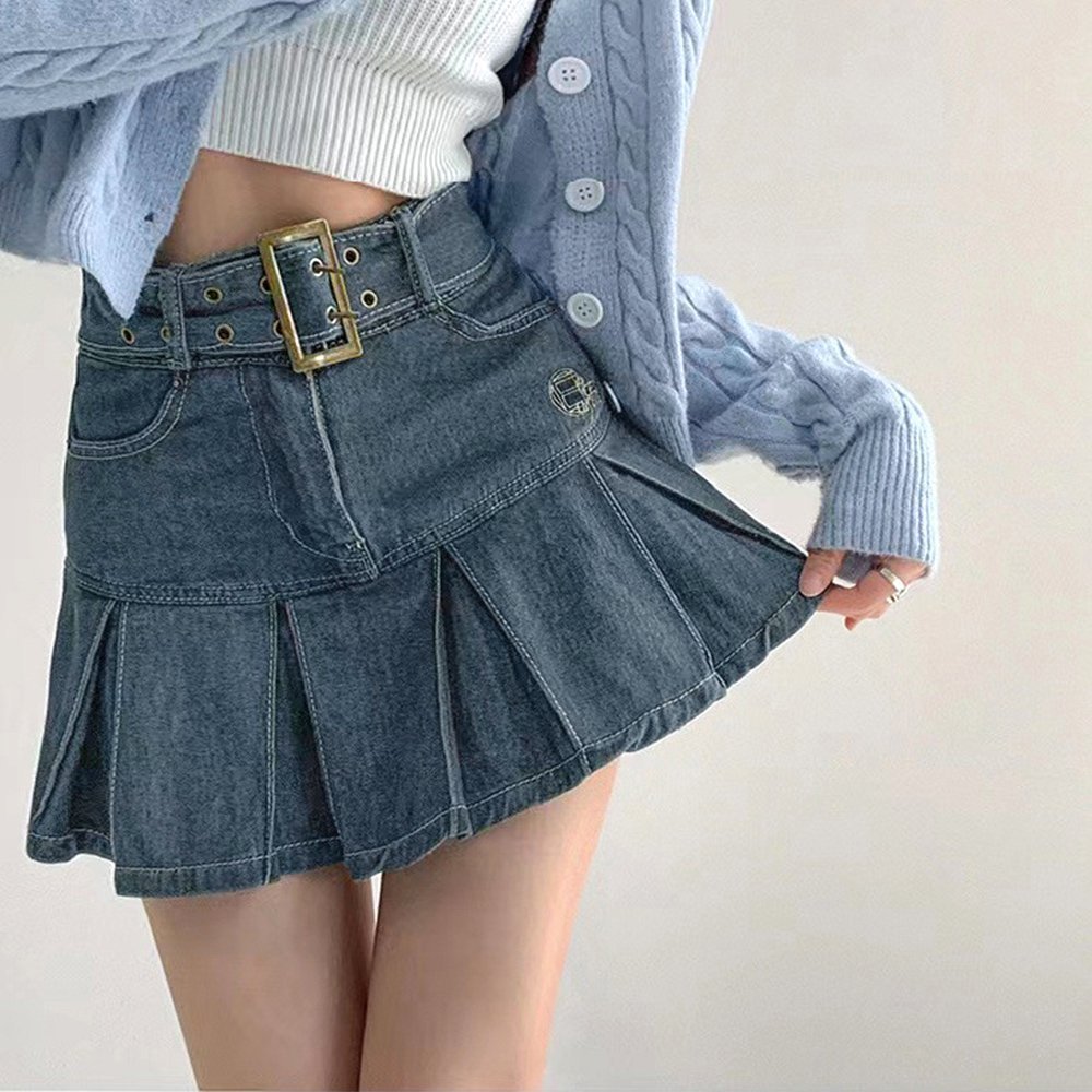 【ミニミニストア/miniministore】のミニデニムプリーツスカート ベルト付き 人気、トレンドファッション・服の通販 founy(ファニー) 　ファッション　Fashion　レディースファッション　Ladies' Fashion Online　スカート　Skirt　プリーツスカート　Pleated Skirts　ベルト　Belts　インディゴ　Indigo　ガーリー　Girly　ショート　Short　スニーカー　Sneakers　デニム　Denim　ミニスカート　Mini Skirt　台形　Trapezoid　無地　Plain Color　 other-1|ID: prp329100004567309 ipo3291000000032687940