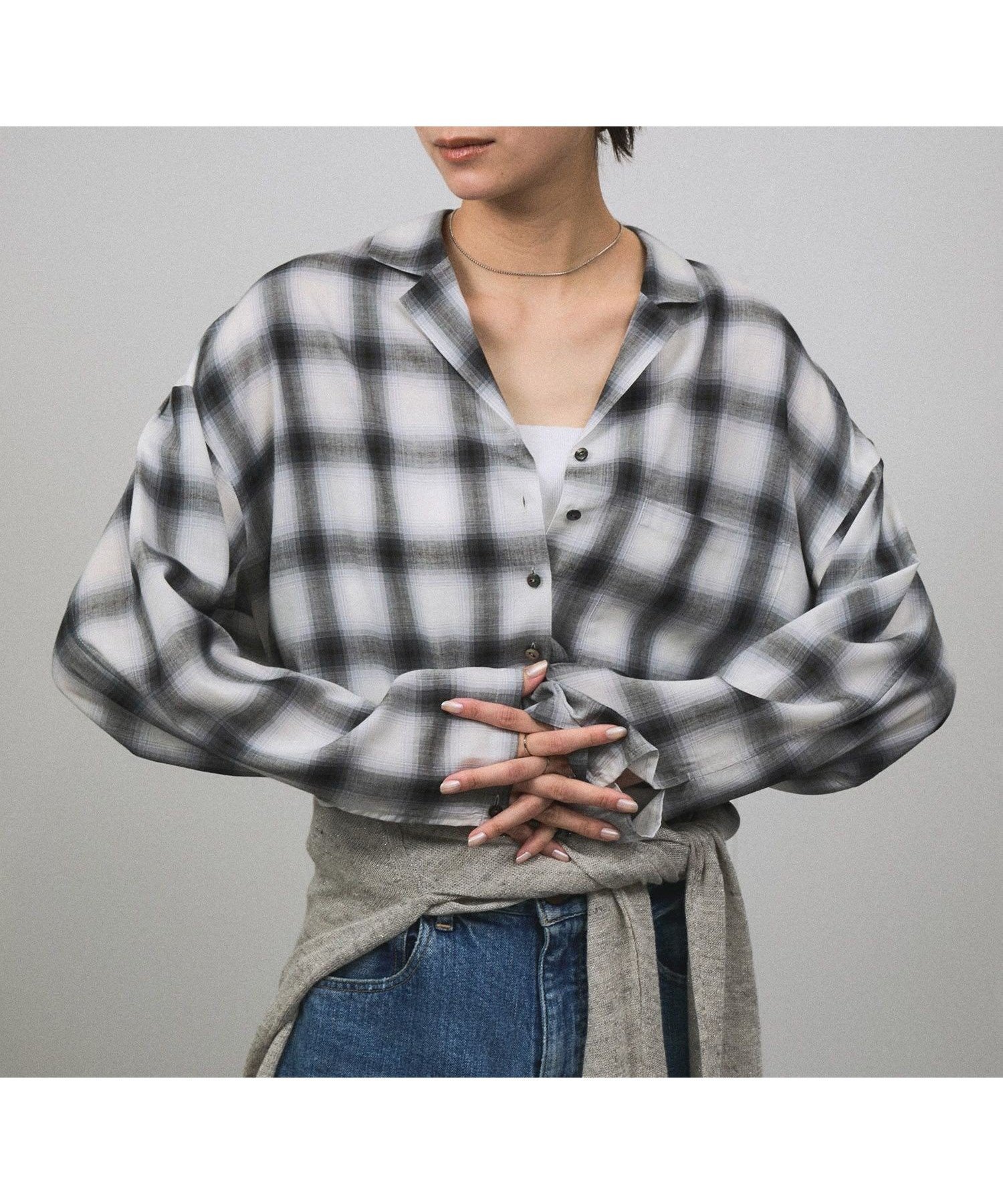 【サロン アダム エ ロペ/SALON adam et rope'】のオンブレチェッククロップドオープンカラーシャツ 人気、トレンドファッション・服の通販 founy(ファニー) 　ファッション　Fashion　レディースファッション　Ladies' Fashion Online　トップス・カットソー　Tops/Tshirt　シャツ/ブラウス　Shirts/Blouses　クロップド　Cropped　シンプル　Simple　タンク　Tank　ノースリーブ　No Sleeve　バランス　Balance　ポケット　Pocket　無地　Plain Color　ロング　Long　ワイド　Wide　エレガント 上品　Elegant　 other-1|ID: prp329100004567336 ipo3291000000032628448