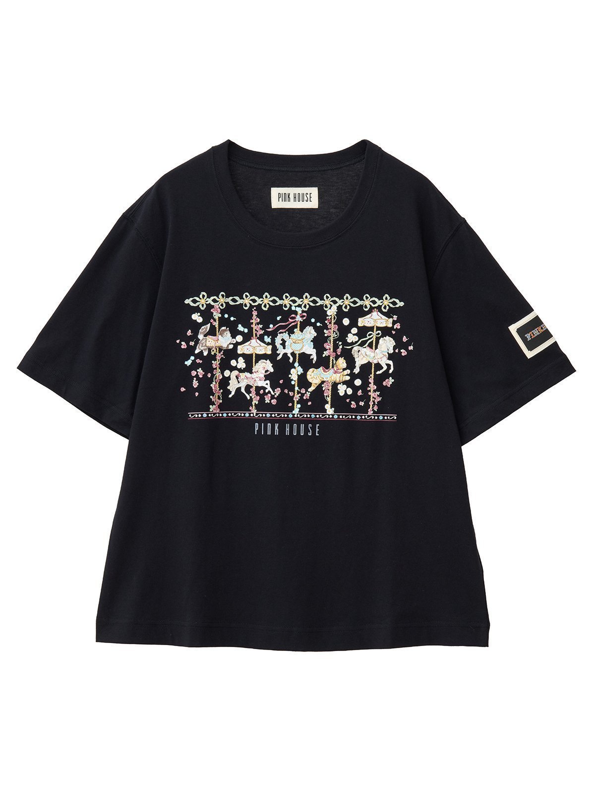 【ピンクハウス/PINK HOUSE】のメリーゴーラウンドプリントカットソー インテリア・キッズ・メンズ・レディースファッション・服の通販 founy(ファニー) 　ファッション　Fashion　レディースファッション　WOMEN　トップス・カットソー　Tops/Tshirt　カットソー　Cut and Sewn　カットソー　Cut And Sew　クラシカル　Classical　クラシック　Classic　フロント　Front　プリント　Print　ロマンティック　Romantic　猫　Cat　クロ|ID: prp329100004567344 ipo3291000000032304189