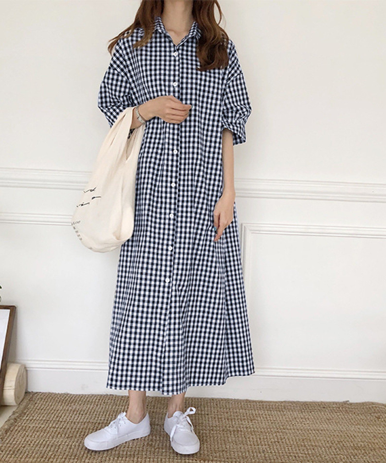 【ジュノア/JUNOAH】のギンガムチェックロングシャツワンピース インテリア・キッズ・メンズ・レディースファッション・服の通販 founy(ファニー) 　ファッション　Fashion　レディースファッション　WOMEN　ワンピース　Dress　シャツワンピース　Shirt Dresses　ネイビー|ID: prp329100004567453 ipo3291000000032305465