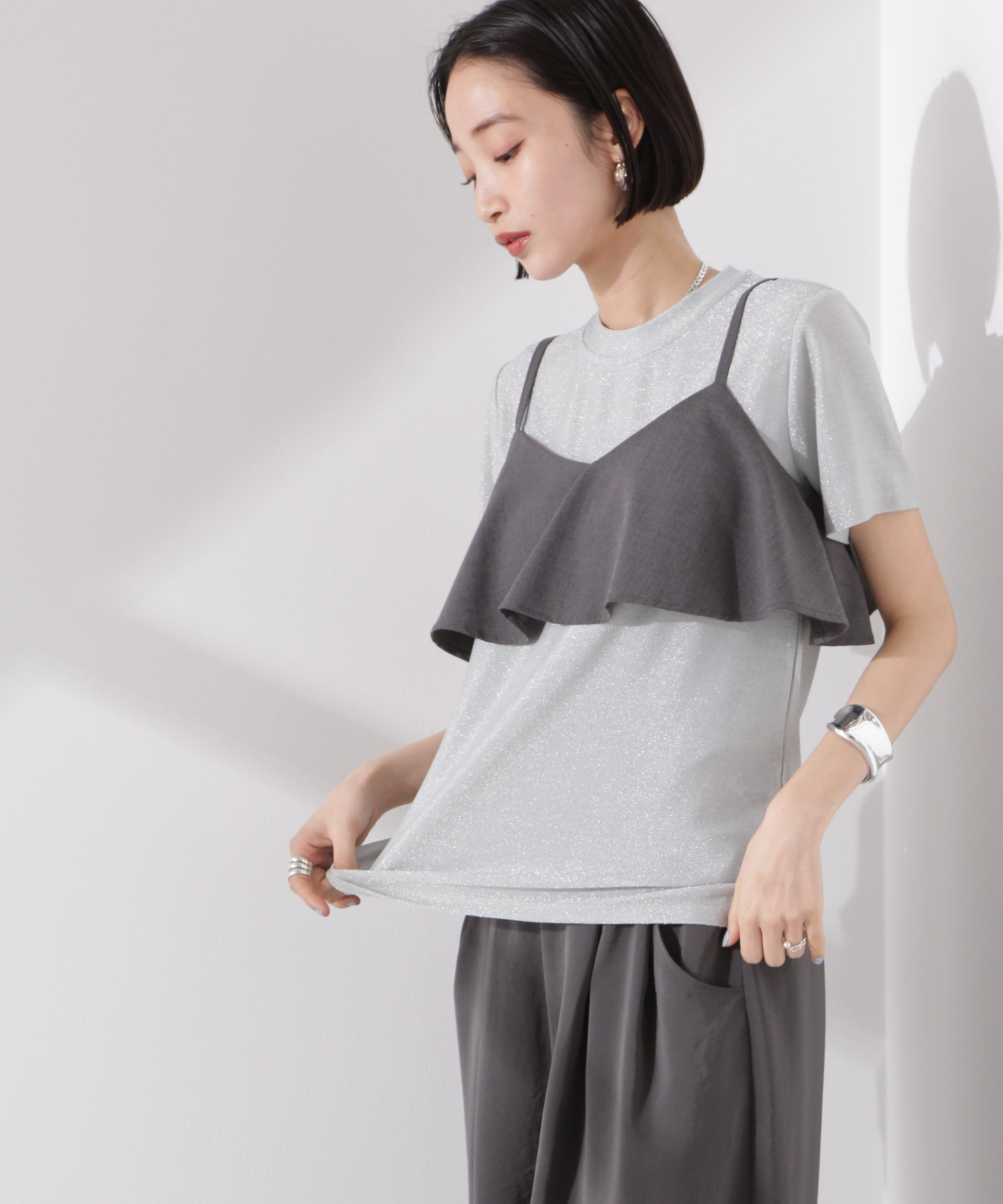 【ナノ ユニバース/nano universe】のラメカットクルーネックTシャツ インテリア・キッズ・メンズ・レディースファッション・服の通販 founy(ファニー) 　ファッション　Fashion　レディースファッション　Fashion for Women　トップス・カットソー　Cut & Sew Tops　シャツ・ブラウス・オフィスカジュアル　Elegant Blouses & Button-Ups　ロングTシャツ・Tシャツ　Longline T-Shirts & Tees　インナー　Innerwear　ウォッシャブル　Machine Washable　春　Spring　サロペット　Overalls, Salopette　シルバー　Silver, Metallic Silver　シンプル　Simple, Minimal　ジャケット　Jacket, Outerwear　フィット　Fit, Slim Fit　ボトム　Bottoms, Lower Wear　2025年　2025　2025春夏・S/S　Spring/Summer 2025 SS25　シルバー|ID: prp329100004567583 ipo3291000000032763513