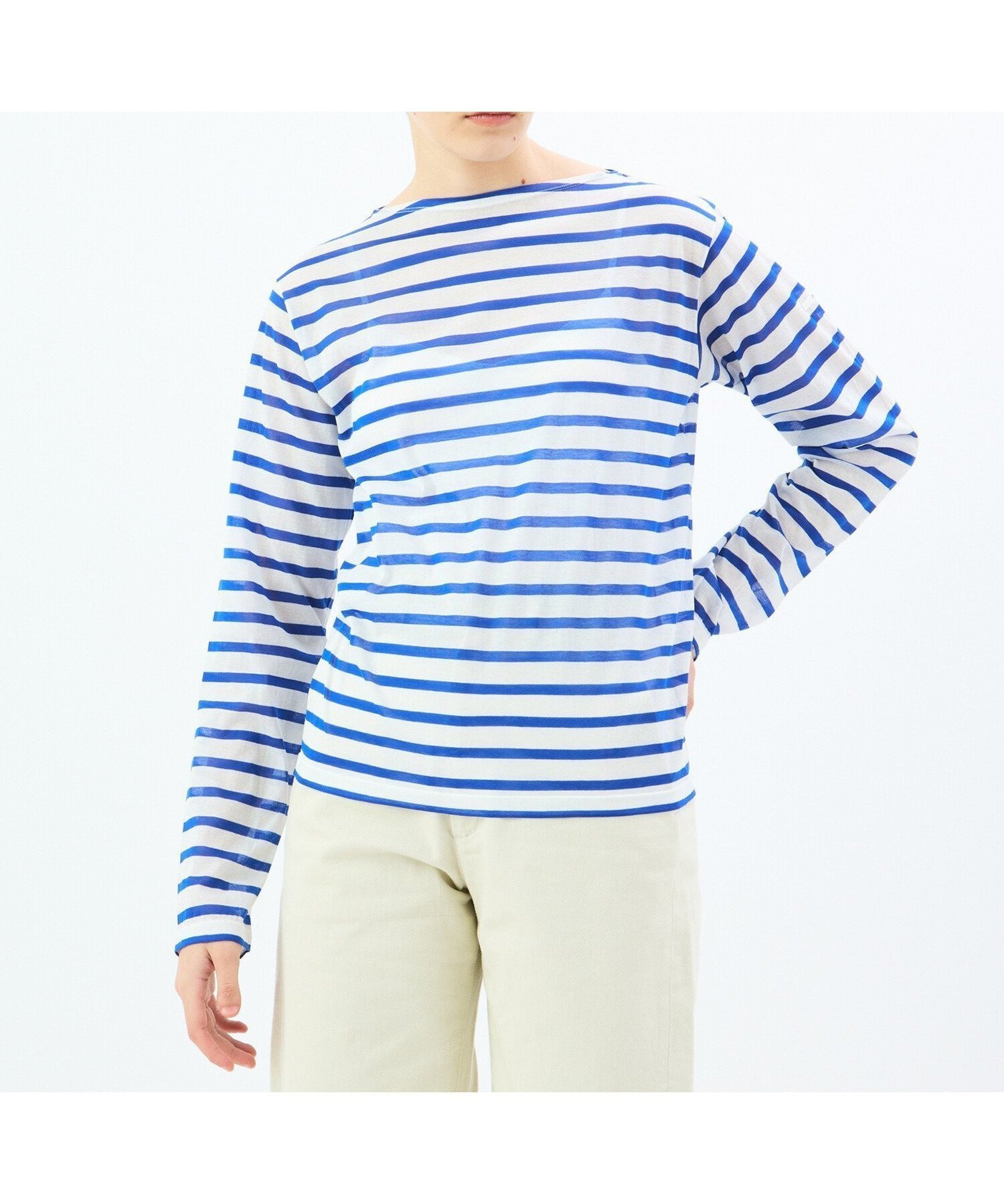 【ビショップ/Bshop】のシースルー ボートネック長袖カットソー WOMEN インテリア・キッズ・メンズ・レディースファッション・服の通販 founy(ファニー) 　ファッション　Fashion　レディースファッション　Fashion for Women　トップス・カットソー　Cut & Sew Tops　カットソー・ベーシックTシャツ　Cut-and-Sewn Tops / Stretch Tees & Basics　カットソー　Cut and Sewn Top　バスク　Basque, Basque Style　パターン　Pattern, Design Print　長袖　Long Sleeve, Full Sleeve　BLUE系1|ID: prp329100004568048 ipo3291000000032640127