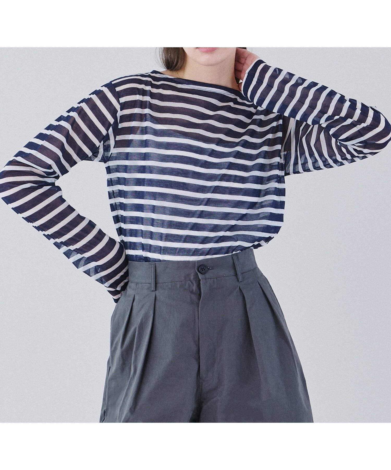 【ビショップ/Bshop】のシースルー ボートネック長袖カットソー WOMEN インテリア・キッズ・メンズ・レディースファッション・服の通販 founy(ファニー) 　ファッション　Fashion　レディースファッション　Fashion for Women　トップス・カットソー　Cut & Sew Tops　カットソー・ベーシックTシャツ　Cut-and-Sewn Tops / Stretch Tees & Basics　カットソー　Cut and Sewn Top　バスク　Basque, Basque Style　パターン　Pattern, Design Print　長袖　Long Sleeve, Full Sleeve　NAVY系1|ID: prp329100004568048 ipo3291000000032640129