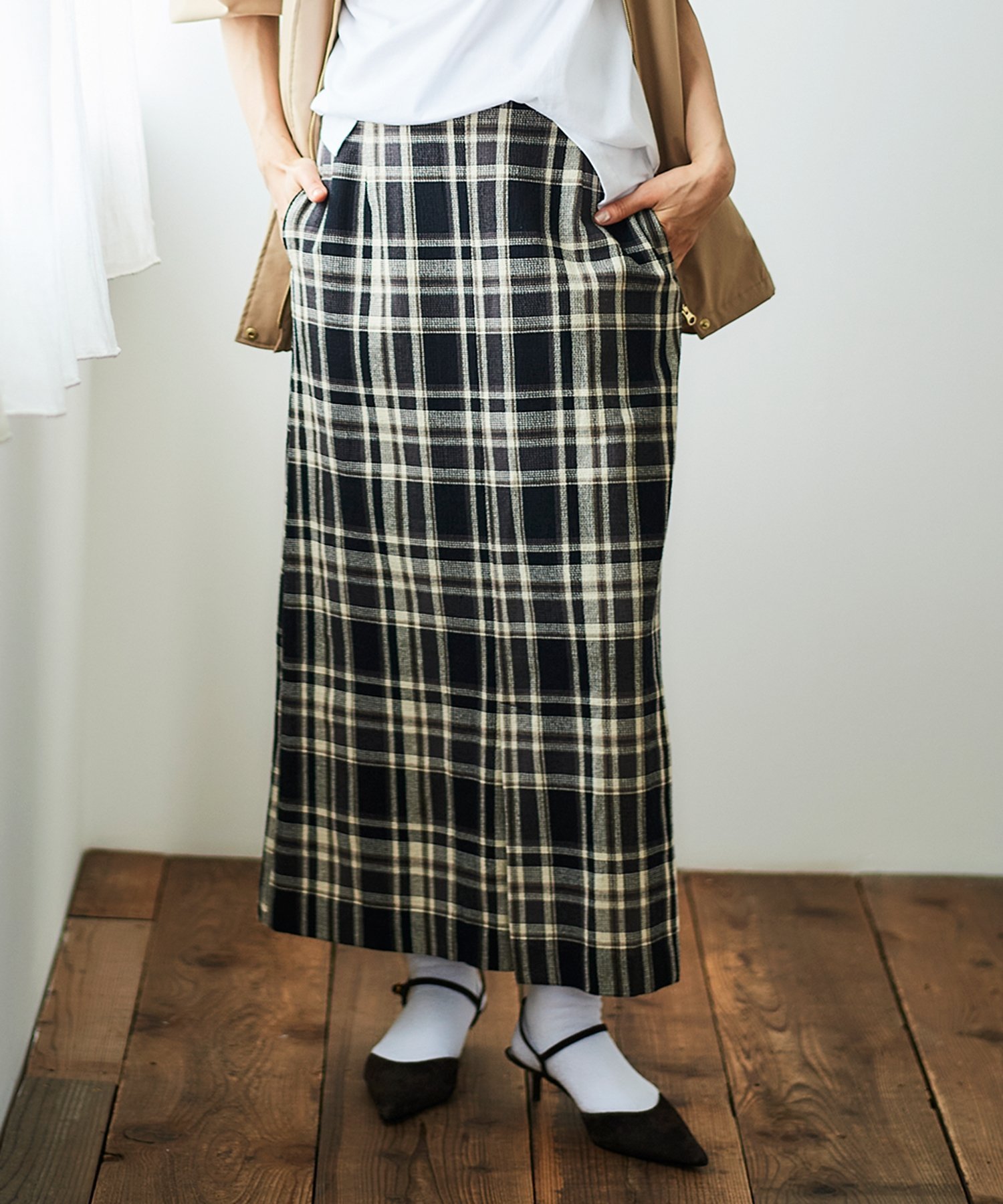 【ルクールブラン/le.coeur blanc】のカラミチェックストレートスカート インテリア・キッズ・メンズ・レディースファッション・服の通販 founy(ファニー) 　ファッション　Fashion　レディースファッション　WOMEN　スカート　Skirt　おすすめ　Recommend　シンプル　Simple　チェック　Check　メッシュ　Mesh　ロング　Long　夏　Summer　ブラック柄|ID: prp329100004568052 ipo3291000000032367660