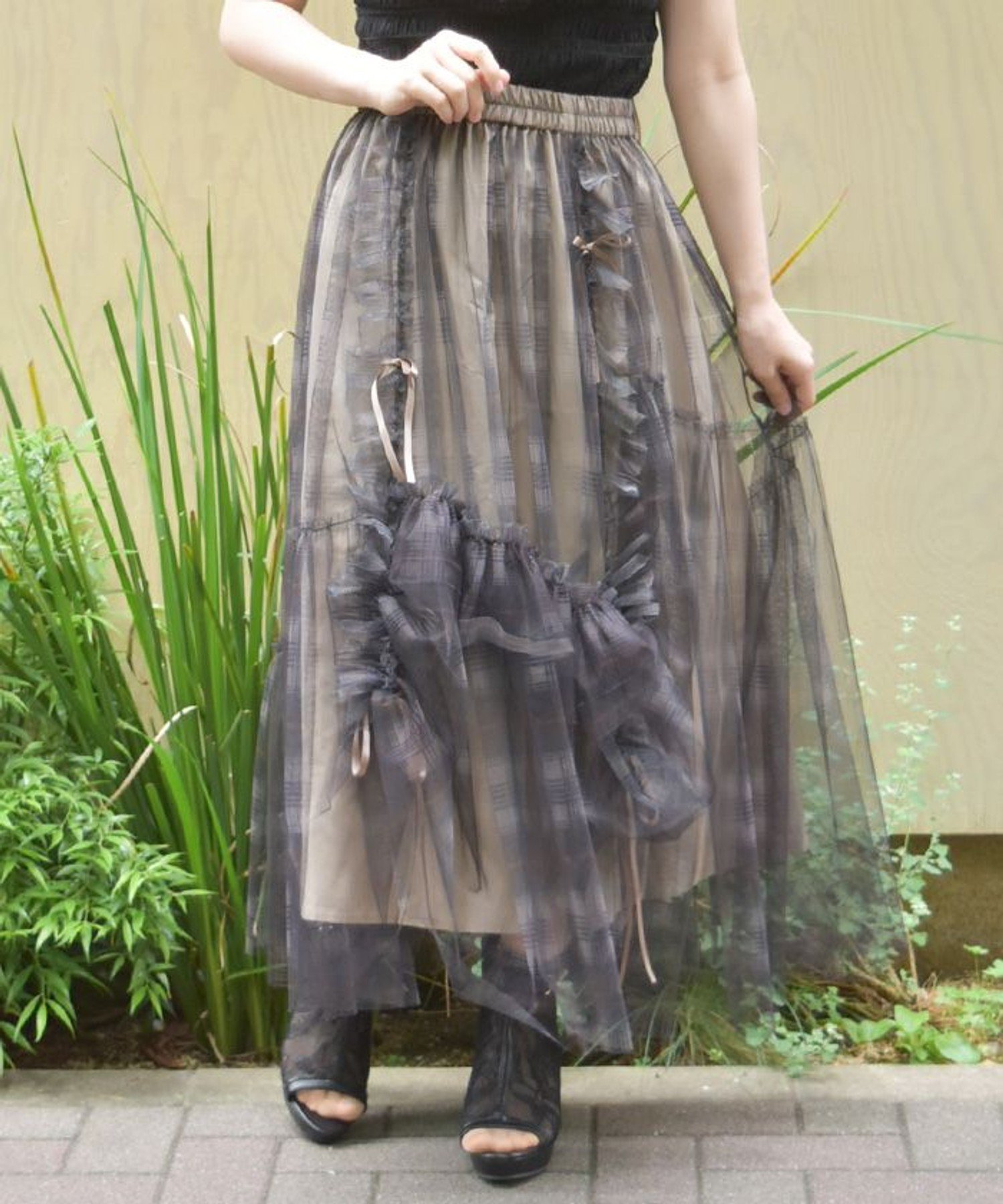 【アクシーズファム/axes femme】のドロストチェックチュールスカート インテリア・キッズ・メンズ・レディースファッション・服の通販 founy(ファニー) 　ファッション　Fashion　レディースファッション　WOMEN　スカート　Skirt　ショート　Short　チェック　Check　チュール　Tulle　フリル　Frills　プリント　Print　ベージュ|ID: prp329100004568143 ipo3291000000032314973