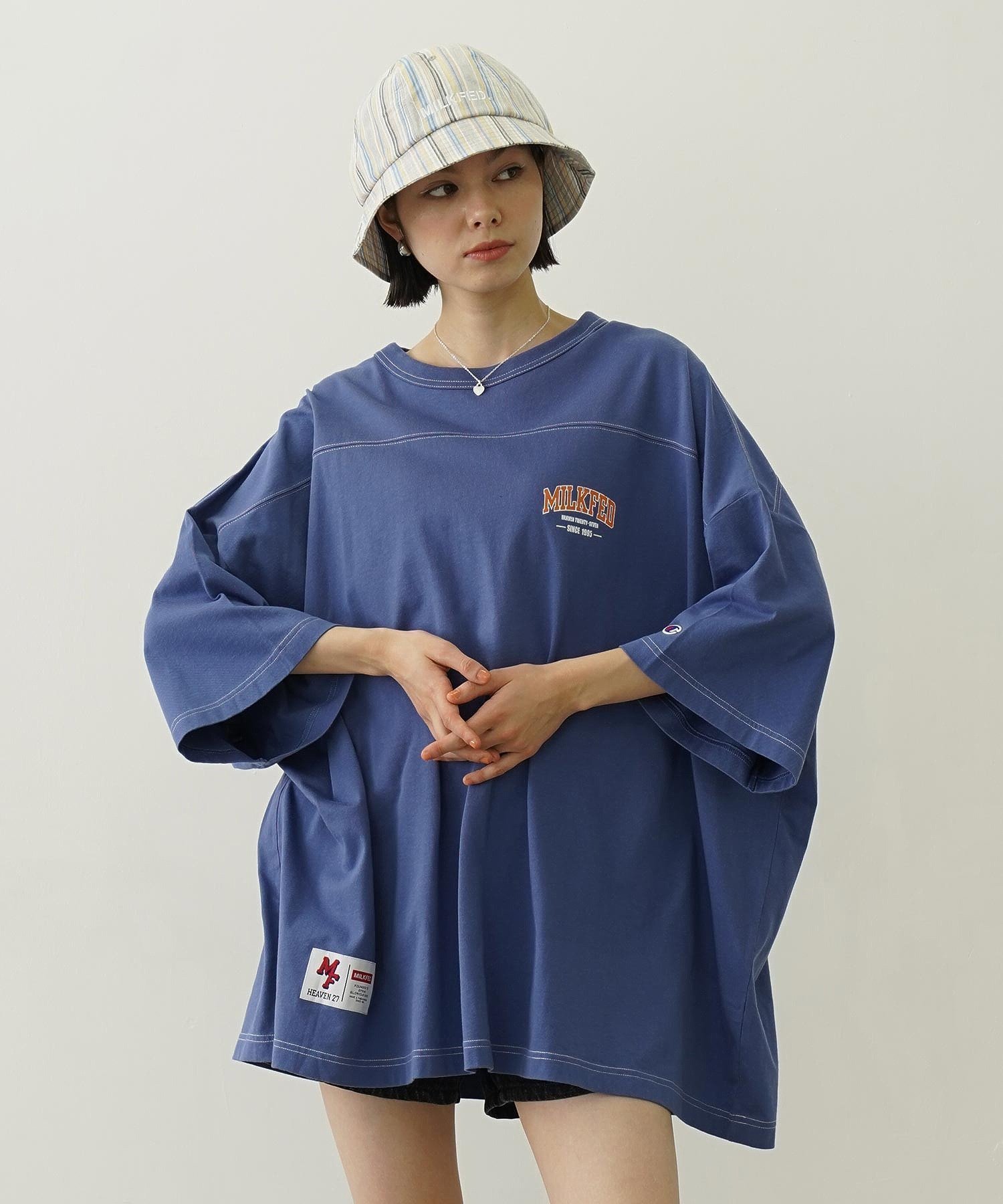 【ミルクフェド/MILKFED.】のMILKFED./MFxCHAMPION COLLEGE LG FB T インテリア・キッズ・メンズ・レディースファッション・服の通販 founy(ファニー) 　ファッション　Fashion　レディースファッション　WOMEN　スポーツ　Sports　ドレス　Dress　ビッグ　Big　半袖　Short Sleeve　S/S・春夏　Ss・Spring/Summer　おすすめ　Recommend　夏　Summer　BLUE|ID: prp329100004568224 ipo3291000000032316068