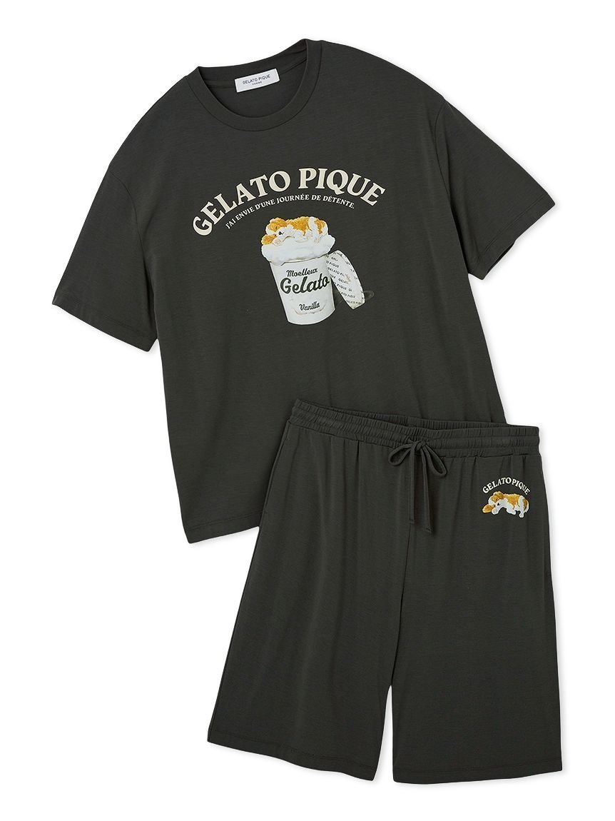 【ジェラートピケ オム/GELATO PIQUE HOMME / MEN】の【HOMME】【接触冷感】スリーピングドッグワンポイントTシャツ ハーフパンツセット インテリア・キッズ・メンズ・レディースファッション・服の通販 founy(ファニー) 　ファッション　Fashion　メンズファッション　Men's Style Online　ボトムス　Bottoms/Men　ハーフ / ショートパンツ　Short Pants　おすすめ　Recommend　なめらか　Smooth　アンダー　Under　カットソー　Cut And Sew　ギフト プレゼント　Gift Present　シューズ　Shoes　セットアップ　Set Up　ハーフ　Half　リラックス　Relax　ワンポイント　One Point　犬　Dog　DGRY[008]|ID: prp329100004568458 ipo3291000000032626588
