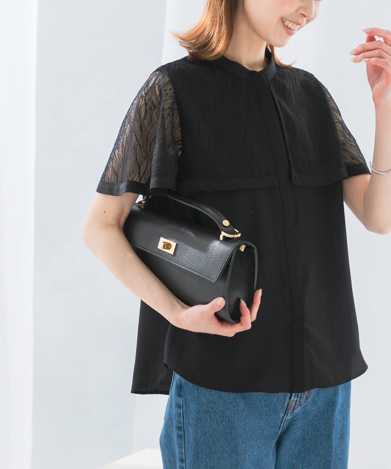 【アーバンリサーチ ロッソ/URBAN RESEARCH ROSSO】のウォッシャブルレースケープブラウス インテリア・キッズ・メンズ・レディースファッション・服の通販 founy(ファニー) 　ファッション　Fashion　レディースファッション　WOMEN　トップス・カットソー　Tops/Tshirt　シャツ/ブラウス　Shirts/Blouses　2025年　2025　2025春夏・S/S　Ss,Spring/Summer,2025　ウォッシャブル　Washable　シアー　Sheer　スラックス　Slacks　デニム　Denim　フロント　Front　レース　Race　エレガント 上品　Elegant　ビジネス 仕事 通勤　Business　夏　Summer　S/S・春夏　Ss・Spring/Summer　BLACK|ID: prp329100004568538 ipo3291000000032319852