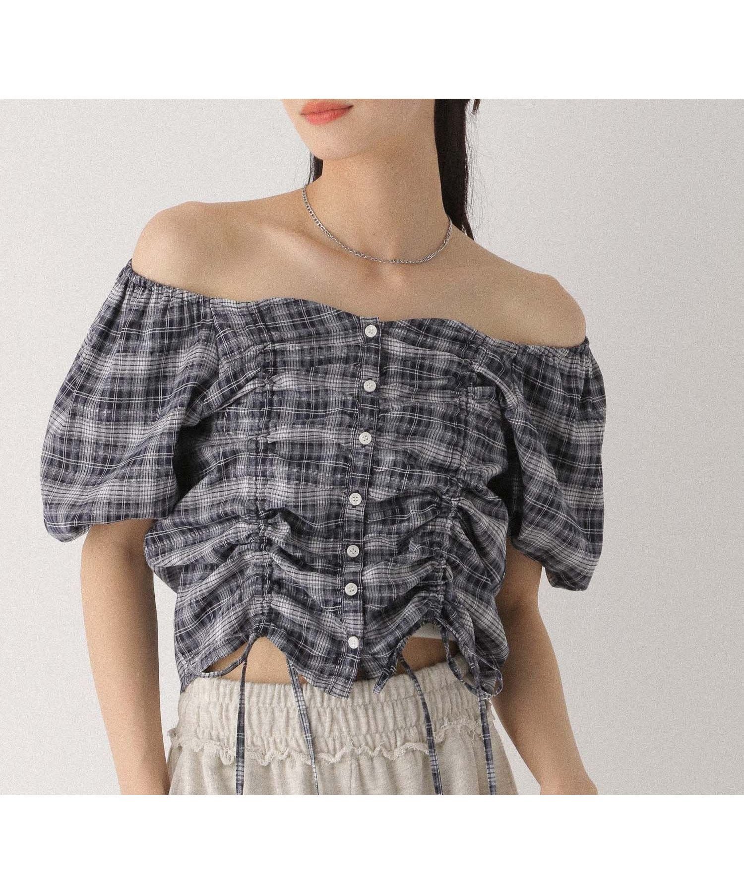 【ヘザー/Heather】の2WAYドロストブラウス(半袖) インテリア・キッズ・メンズ・レディースファッション・服の通販 founy(ファニー) 　ファッション　Fashion　レディースファッション　WOMEN　トップス・カットソー　Tops/Tshirt　シャツ/ブラウス　Shirts/Blouses　オフショルダー　Off Shoulder　スクエア　Square　デニム　Denim　フロント　Front　半袖　Short Sleeve　ネイビーチェック|ID: prp329100004568642 ipo3291000000032321098
