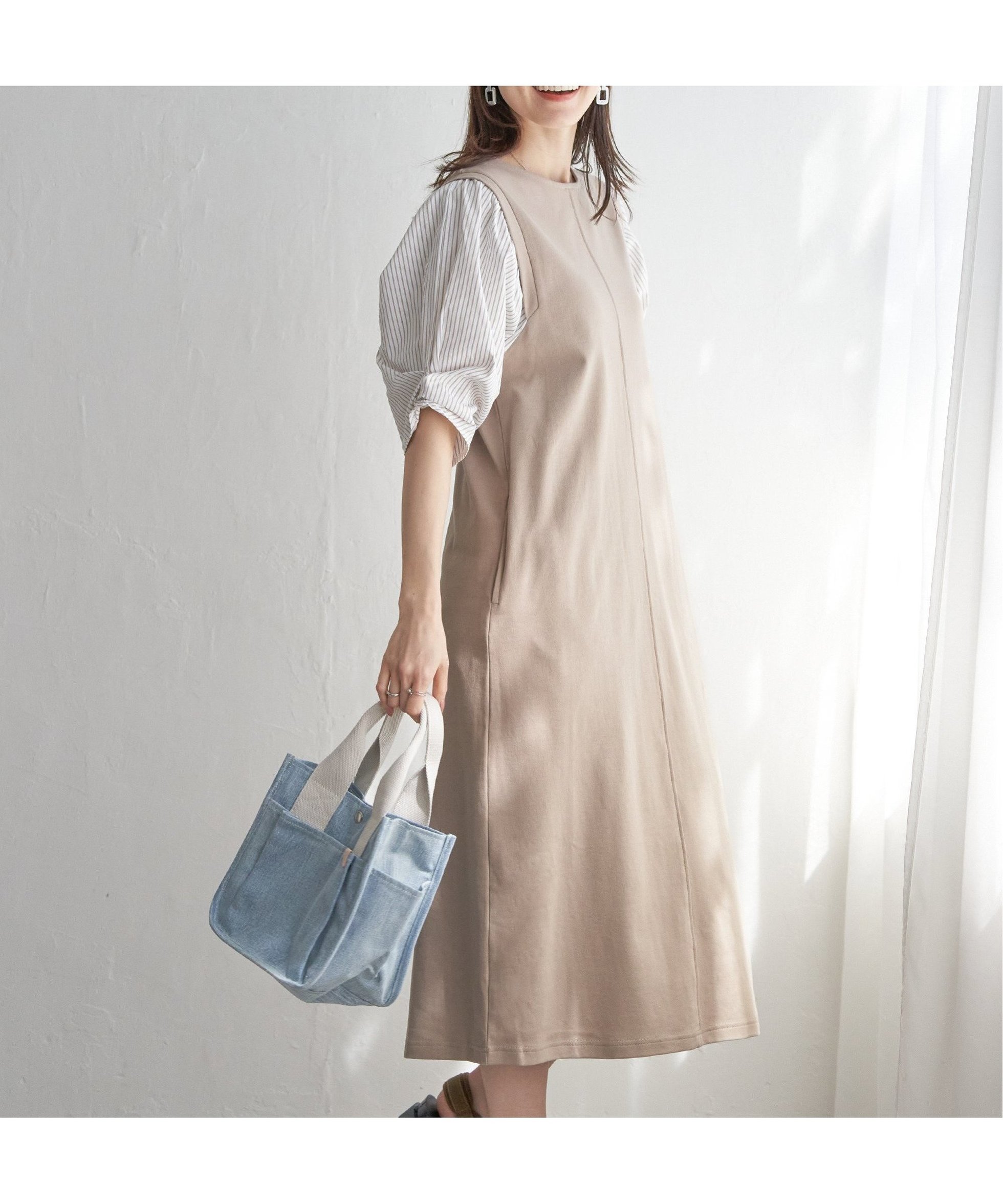 【イッカ/ikka】の袖切り替えカットワンピース インテリア・キッズ・メンズ・レディースファッション・服の通販 founy(ファニー) 　ファッション　Fashion　レディースファッション　WOMEN　ワンピース　Dress　スリット　Slit　ツイスト　Twist　ポケット　Pocket　ベージュ|ID: prp329100004568897 ipo3291000000032323883