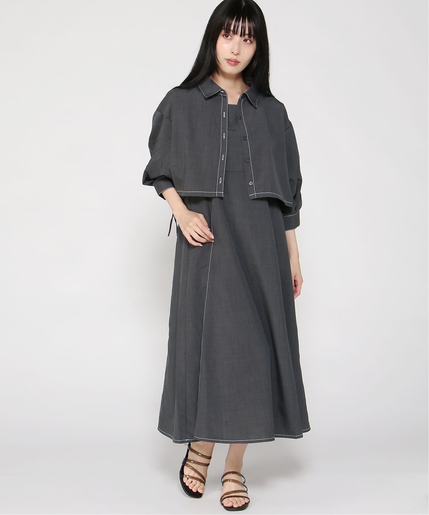 【イング/INGNI】のINGNI/ドロストシャツ×ワンピース インテリア・キッズ・メンズ・レディースファッション・服の通販 founy(ファニー) 　ファッション　Fashion　レディースファッション　WOMEN　ワンピース　Dress　アンサンブル　Ensemble　バランス　Balance　ロング　Long　チャコールグレー|ID: prp329100004568930 ipo3291000000032324113