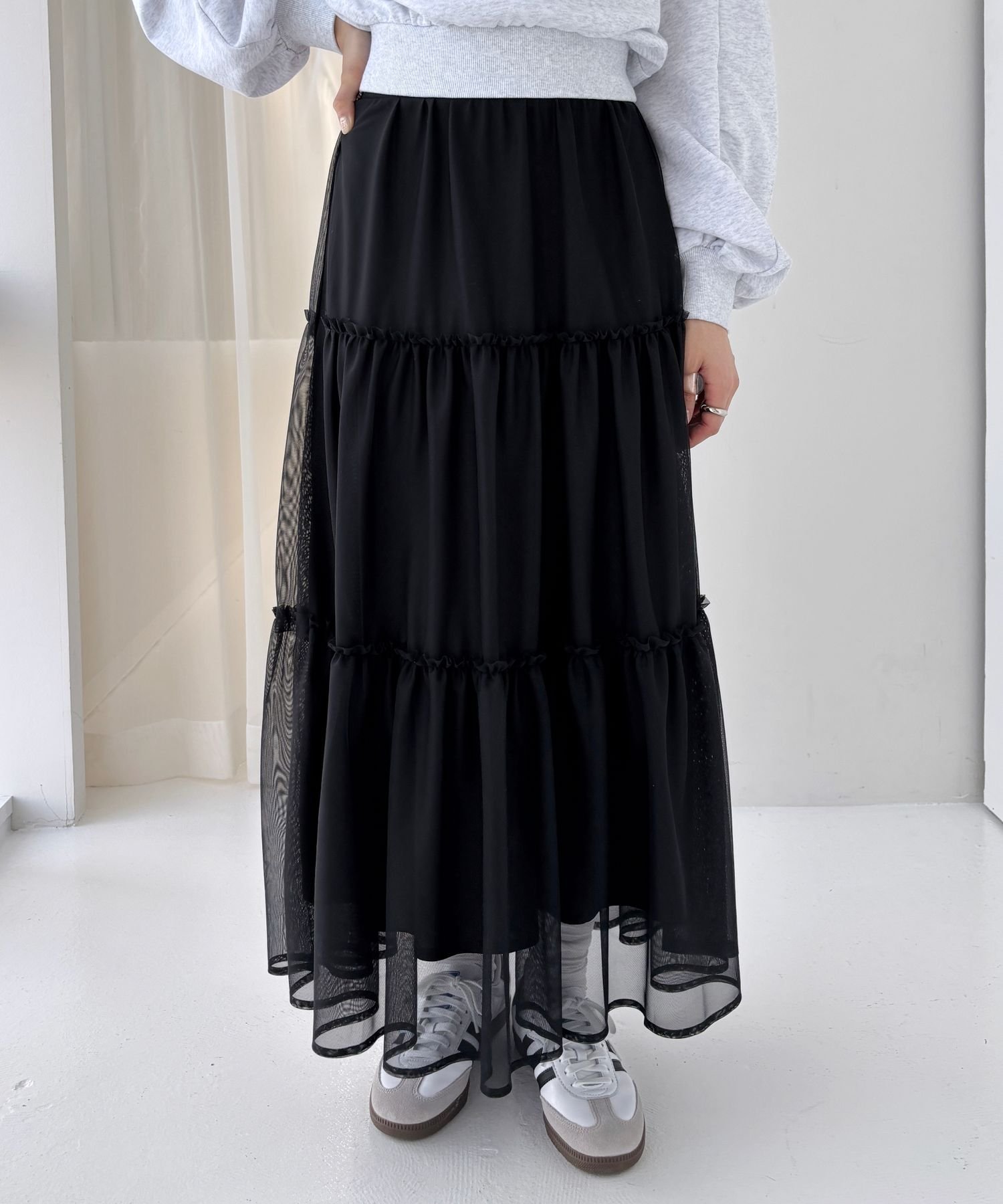 【ヘザー/Heather】のシアーティアードフリルロングスカート インテリア・キッズ・メンズ・レディースファッション・服の通販 founy(ファニー) 　ファッション　Fashion　レディースファッション　WOMEN　スカート　Skirt　ロングスカート　Long Skirt　おすすめ　Recommend　シアー　Sheer　スウェット　Sweat　スニーカー　Sneakers　フリル　Frills　エレガント 上品　Elegant　人気　Popularity　ブラック|ID: prp329100004569140 ipo3291000000032381713