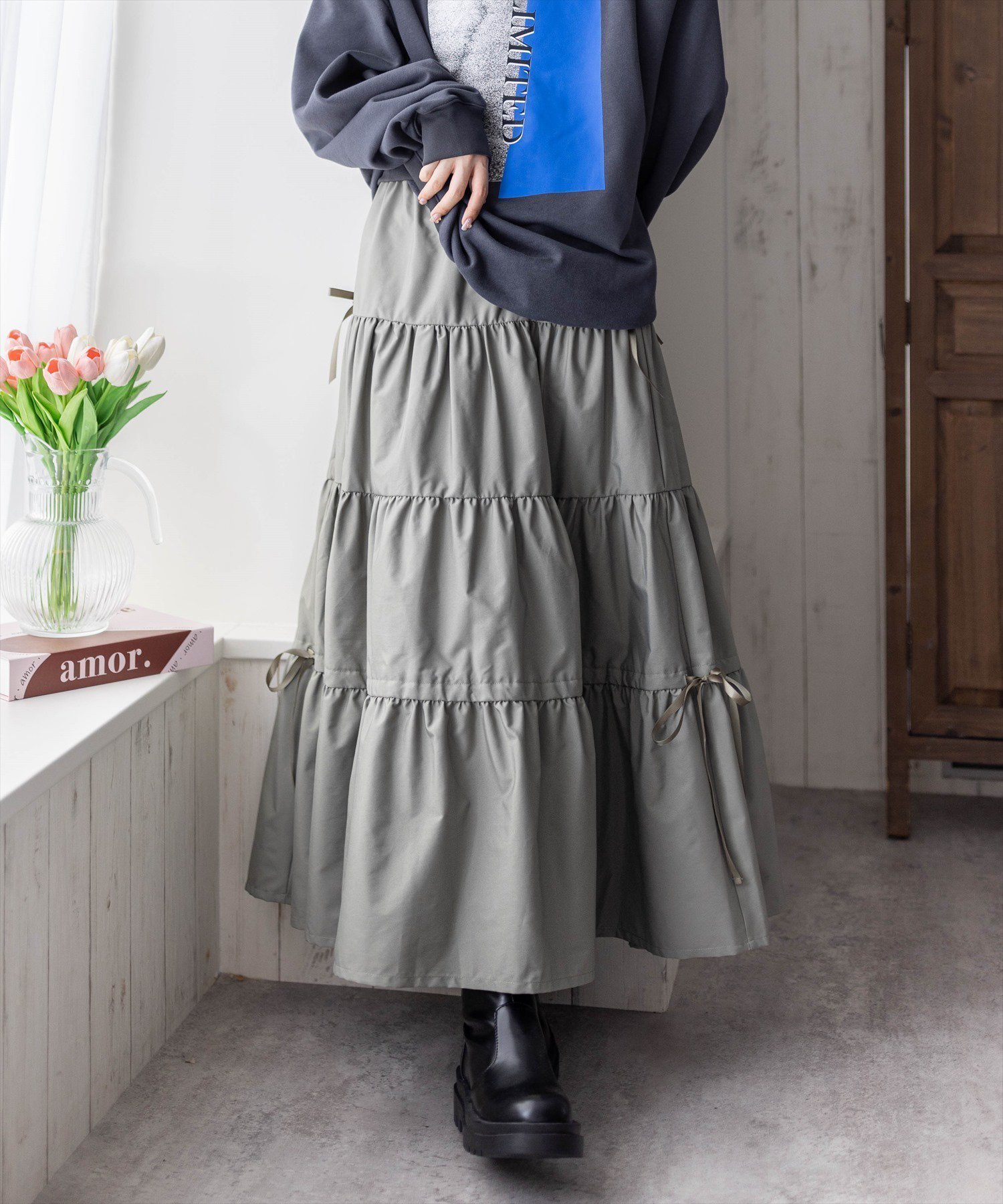 【クリア/clear】のリボン付きドロストスカート インテリア・キッズ・メンズ・レディースファッション・服の通販 founy(ファニー) 　ファッション　Fashion　レディースファッション　WOMEN　スカート　Skirt　おすすめ　Recommend　スウェット　Sweat　リボン　Ribbon　KHA|ID: prp329100004569172 ipo3291000000032326581