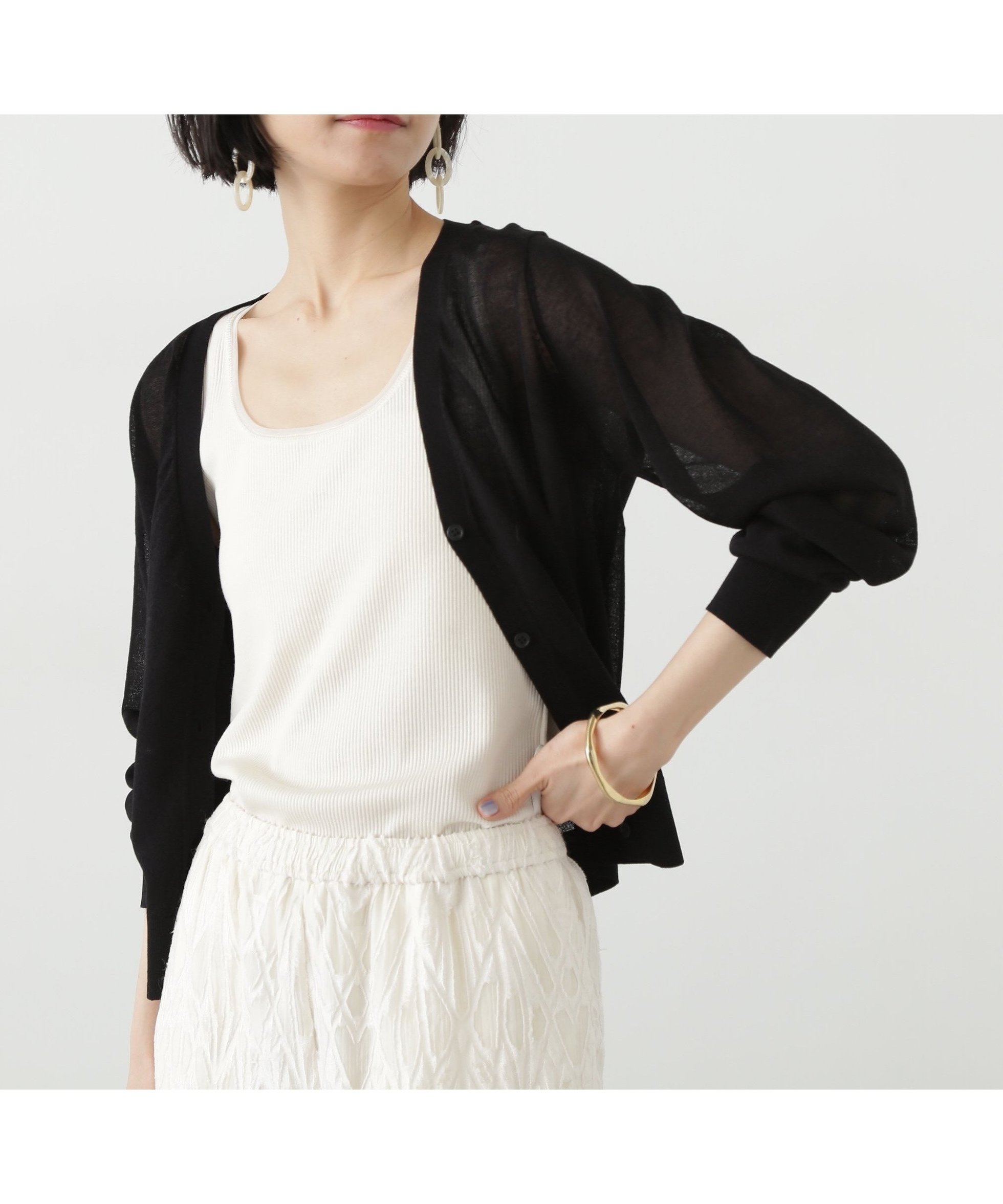 【エヌ ナチュラルビューティーベーシック/N.Natural Beauty basic】のシアーVネックフォルムカーディガン インテリア・キッズ・メンズ・レディースファッション・服の通販 founy(ファニー) 　ファッション　Fashion　レディースファッション　WOMEN　トップス・カットソー　Tops/Tshirt　カーディガン　Cardigans　Vネック　V-Neck　キャミワンピース　Cami Dress　シアー　Sheer　夏　Summer　羽織　Haori　ブラック|ID: prp329100004569627 ipo3291000000032330431