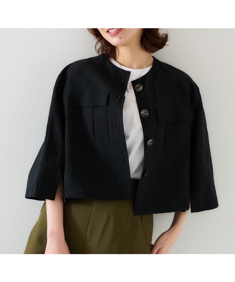 【アンタイトル/UNTITLED】の【トレンド/七分袖】タイプライター ノーカラージャケット 人気、トレンドファッション・服の通販 founy(ファニー) 　ファッション　Fashion　レディースファッション　Ladies' Fashion Online　アウター　Coat Outerwear　ジャケット　Jackets　ノーカラージャケット　No Collar Leather Jackets　コンパクト　Compact　ジャケット　Jacket　スリット　Slit　タイプライター　Typewriter　タンブラー　Tumbler　トレンド　Trend　パッチ　Patch　ボックス　Box　ボトム　Bottom　ポケット　Pocket　ミリタリー　Military　リネン　Linen　 other-1|ID: prp329100004569779 ipo3291000000032659543