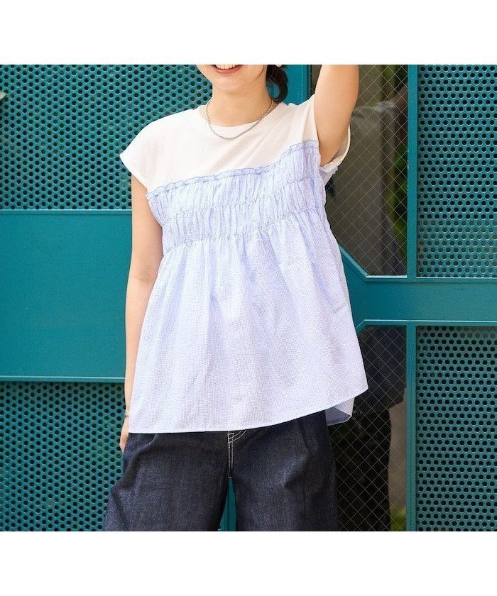 【フリークスストア/FREAK'S STORE】のストライプ切替 フレンチスリーブTシャツ 25SS インテリア・キッズ・メンズ・レディースファッション・服の通販 founy(ファニー) 　ファッション　Fashion　レディースファッション　WOMEN　トップス・カットソー　Tops/Tshirt　シャツ/ブラウス　Shirts/Blouses　ロング / Tシャツ　T-Shirts　2025年　2025　2025春夏・S/S　Ss,Spring/Summer,2025　シャーリング　Shirring　ストライプ　Stripe　スリーブ　Sleeve　フレンチ　French　切替　Switching　夏　Summer　S/S・春夏　Ss・Spring/Summer　ブルー|ID: prp329100004569810 ipo3291000000032332132