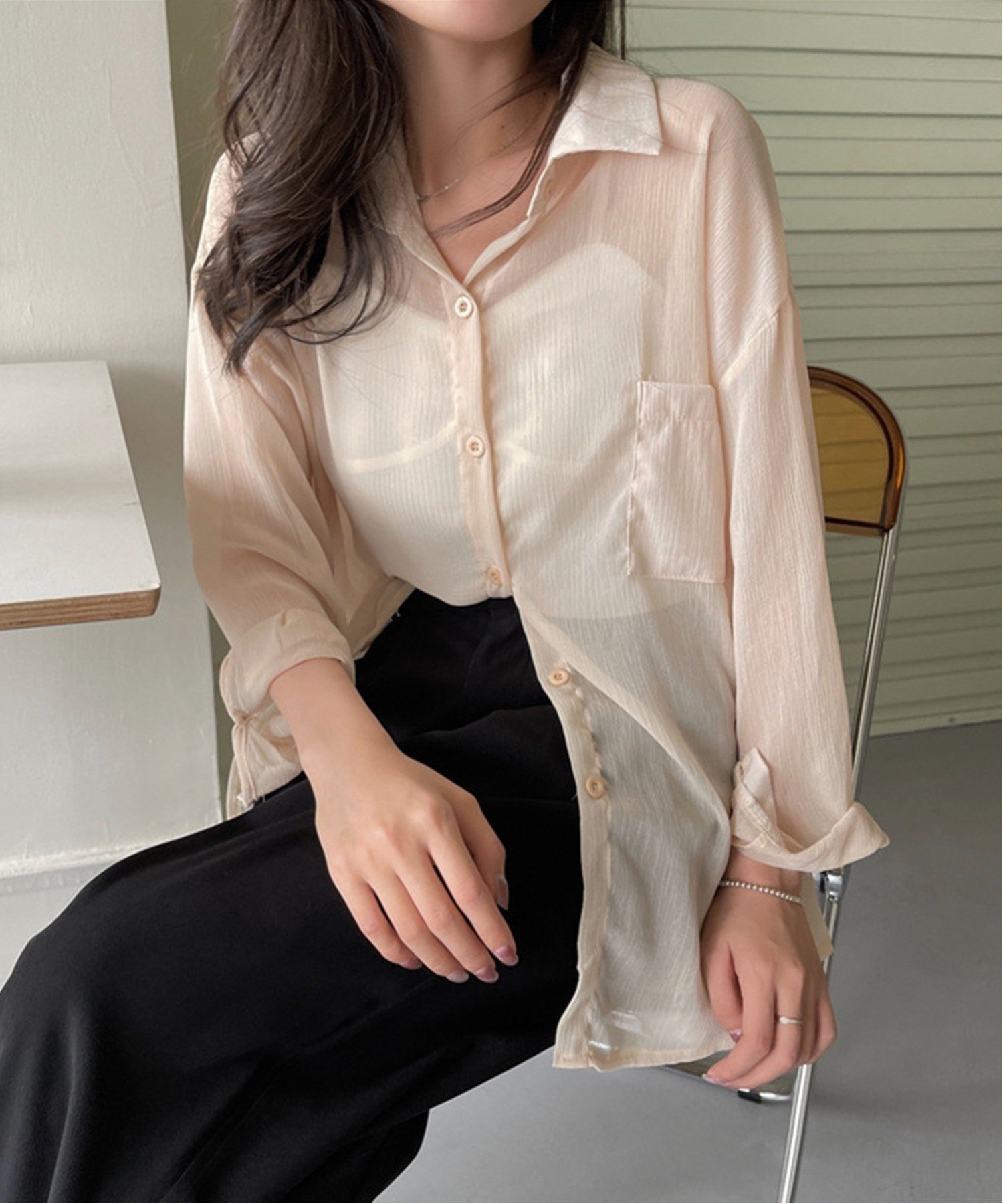 【アイモハ/aimoha】のJasmine Grandiflorum/シアー素材涼しげシースルー長袖シャツ インテリア・キッズ・メンズ・レディースファッション・服の通販 founy(ファニー) 　ファッション　Fashion　レディースファッション　Fashion for Women　トップス・カットソー　Cut & Sew Tops　シャツ・ブラウス・オフィスカジュアル　Elegant Blouses & Button-Ups　シアー　Sheer, See-Through　今季　This Season, Current Season　長袖　Long Sleeve, Full Sleeve　シャンパン|ID: prp329100004569841 ipo3291000000033278144