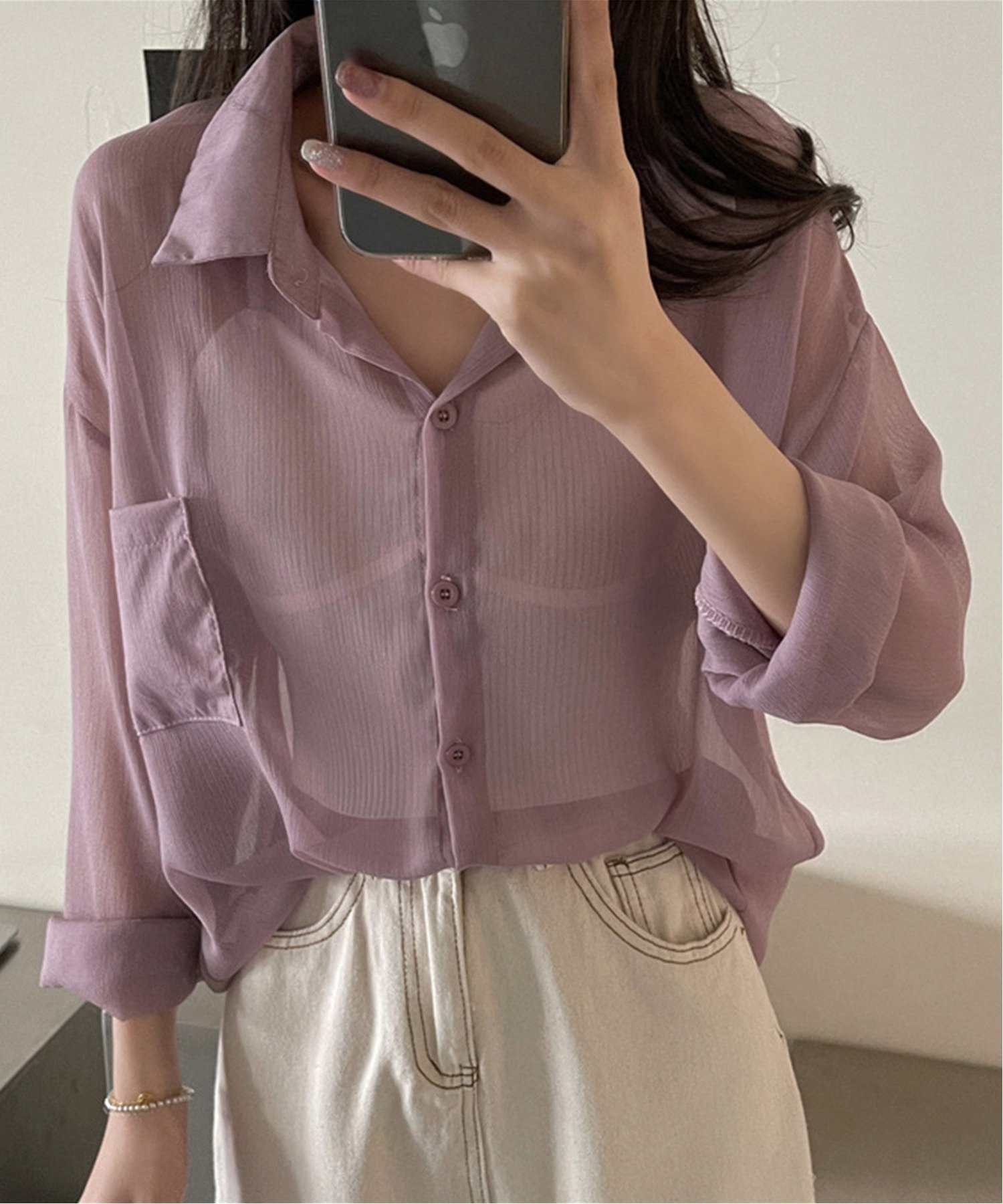 【アイモハ/aimoha】のJasmine Grandiflorum/シアー素材涼しげシースルー長袖シャツ インテリア・キッズ・メンズ・レディースファッション・服の通販 founy(ファニー) 　ファッション　Fashion　レディースファッション　Fashion for Women　トップス・カットソー　Cut & Sew Tops　シャツ・ブラウス・オフィスカジュアル　Elegant Blouses & Button-Ups　シアー　Sheer, See-Through　今季　This Season, Current Season　長袖　Long Sleeve, Full Sleeve　パープル|ID: prp329100004569841 ipo3291000000033278155