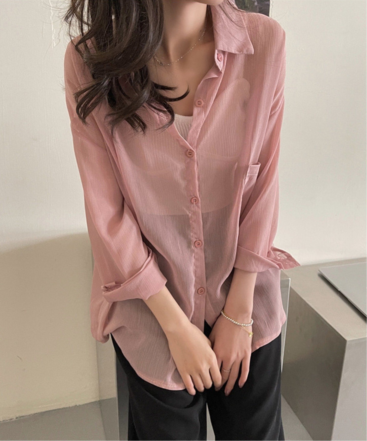 【アイモハ/aimoha】のJasmine Grandiflorum/シアー素材涼しげシースルー長袖シャツ インテリア・キッズ・メンズ・レディースファッション・服の通販 founy(ファニー) 　ファッション　Fashion　レディースファッション　Fashion for Women　トップス・カットソー　Cut & Sew Tops　シャツ・ブラウス・オフィスカジュアル　Elegant Blouses & Button-Ups　シアー　Sheer, See-Through　今季　This Season, Current Season　長袖　Long Sleeve, Full Sleeve　ピンク|ID: prp329100004569841 ipo3291000000033278158