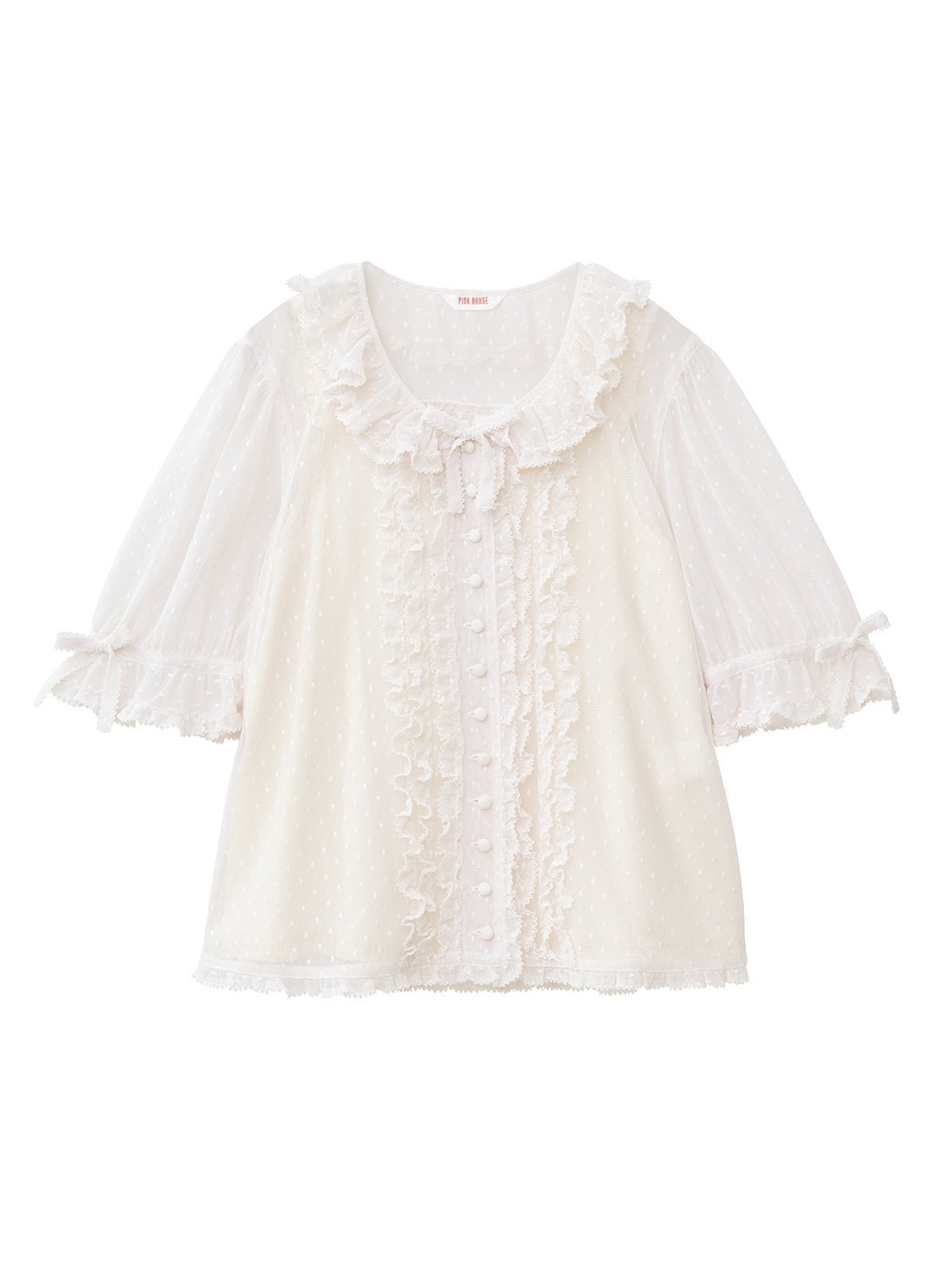 【ピンクハウス/PINK HOUSE】のポルカドットチュールブラウス インテリア・キッズ・メンズ・レディースファッション・服の通販 founy(ファニー) 　ファッション　Fashion　レディースファッション　WOMEN　トップス・カットソー　Tops/Tshirt　シャツ/ブラウス　Shirts/Blouses　インナー　Inner　ドット　Dot　フェミニン　Feminine　フリル　Frills　モチーフ　Motif　リボン　Ribbon　レーシー　Lacey　レース　Race　エレガント 上品　Elegant　水玉　Polka Dots　アイボリーベージュ|ID: prp329100004569957 ipo3291000000032333777