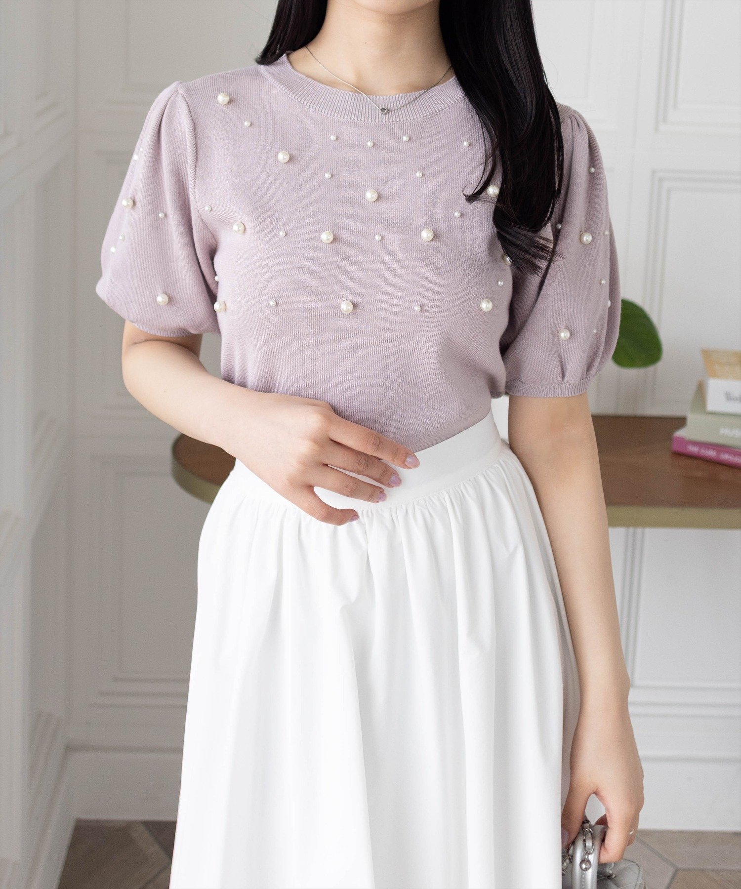 【クリア/clear】のパール付き半袖ニットトップス インテリア・キッズ・メンズ・レディースファッション・服の通販 founy(ファニー) 　ファッション　Fashion　レディースファッション　WOMEN　トップス・カットソー　Tops/Tshirt　ニット　Knit Tops　スリーブ　Sleeve　パール　Pearl　フェミニン　Feminine　フレア　Flare　マーメイド　Mermaid　半袖　Short Sleeve　PK|ID: prp329100004569963 ipo3291000000032333841