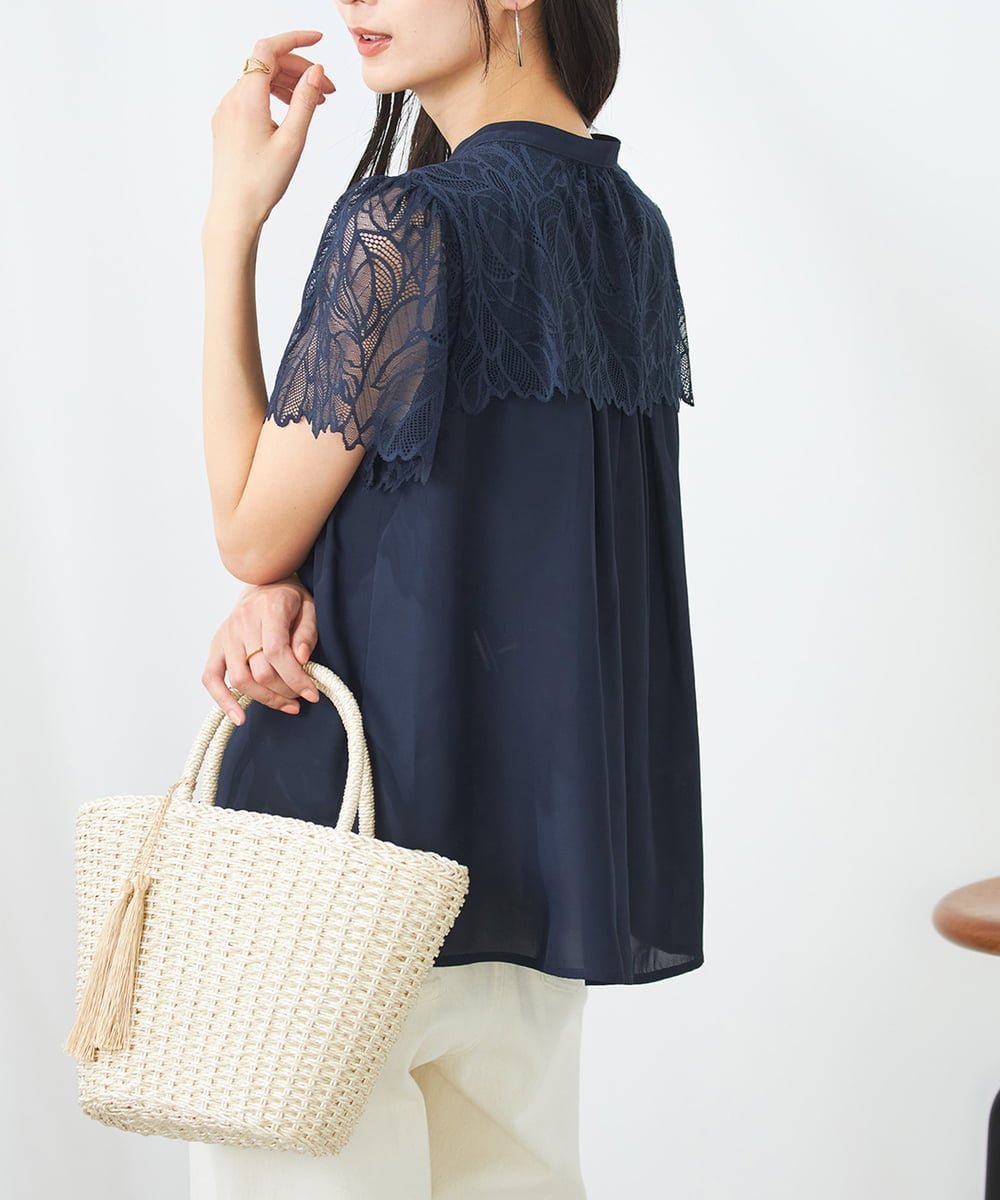【アー ヴェー ヴェー/a.v.v】のレースヨークブラウス インテリア・キッズ・メンズ・レディースファッション・服の通販 founy(ファニー) 　ファッション　Fashion　レディースファッション　Fashion for Women　トップス・カットソー　Cut & Sew Tops　シャツ・ブラウス・オフィスカジュアル　Elegant Blouses & Button-Ups　インナー　Innerwear　ジャケット　Jacket, Outerwear　デニム　Denim, Jeans Material　パール　Pearl, Pearl Accent　フェミニン　Feminine, Girly　ミックス　Mix, Mixed Style　レース　Lace, Lace Fabric　おすすめ　Recommended / Our Picks　夏　Summer　エレガント 上品　Elegant　ビジネス 仕事 通勤　Business / Work / Commuting　ネイビー|ID: prp329100004569999 ipo3291000000033045113