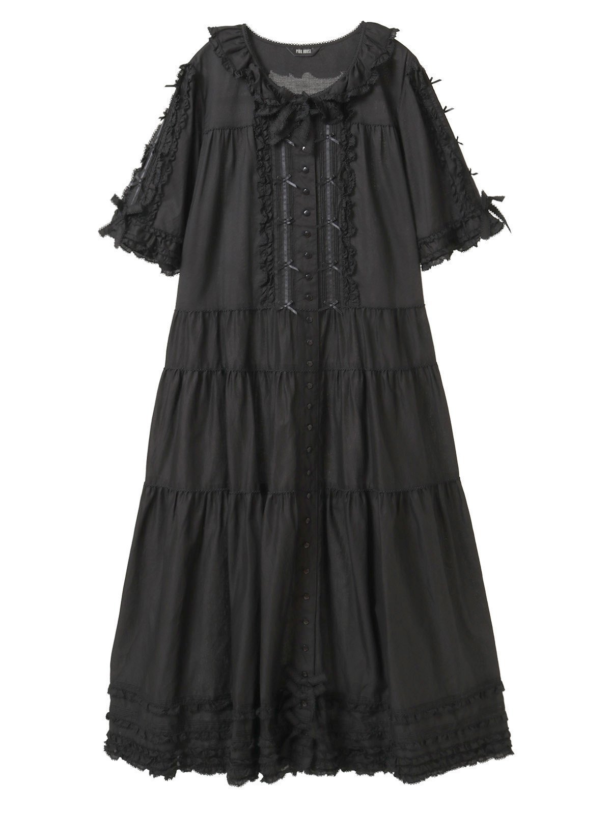 【ピンクハウス/PINK HOUSE】のローンティアードワンピース インテリア・キッズ・メンズ・レディースファッション・服の通販 founy(ファニー) 　ファッション　Fashion　レディースファッション　Fashion for Women　ワンピース　Dresses　サテン　Satin, Glossy Fabric　スリーブ　Sleeve, Long Sleeve / Short Sleeve　フリル　Frill, Ruffle　フレア　Flare, Flared　ペチコート　Petticoat, Underskirt　モチーフ　Motif, Design Theme　リボン　Ribbon, Bow　ロング　Long, Long-Length　エレガント 上品　Elegant　クロ|ID: prp329100004570370 ipo3291000000032714052