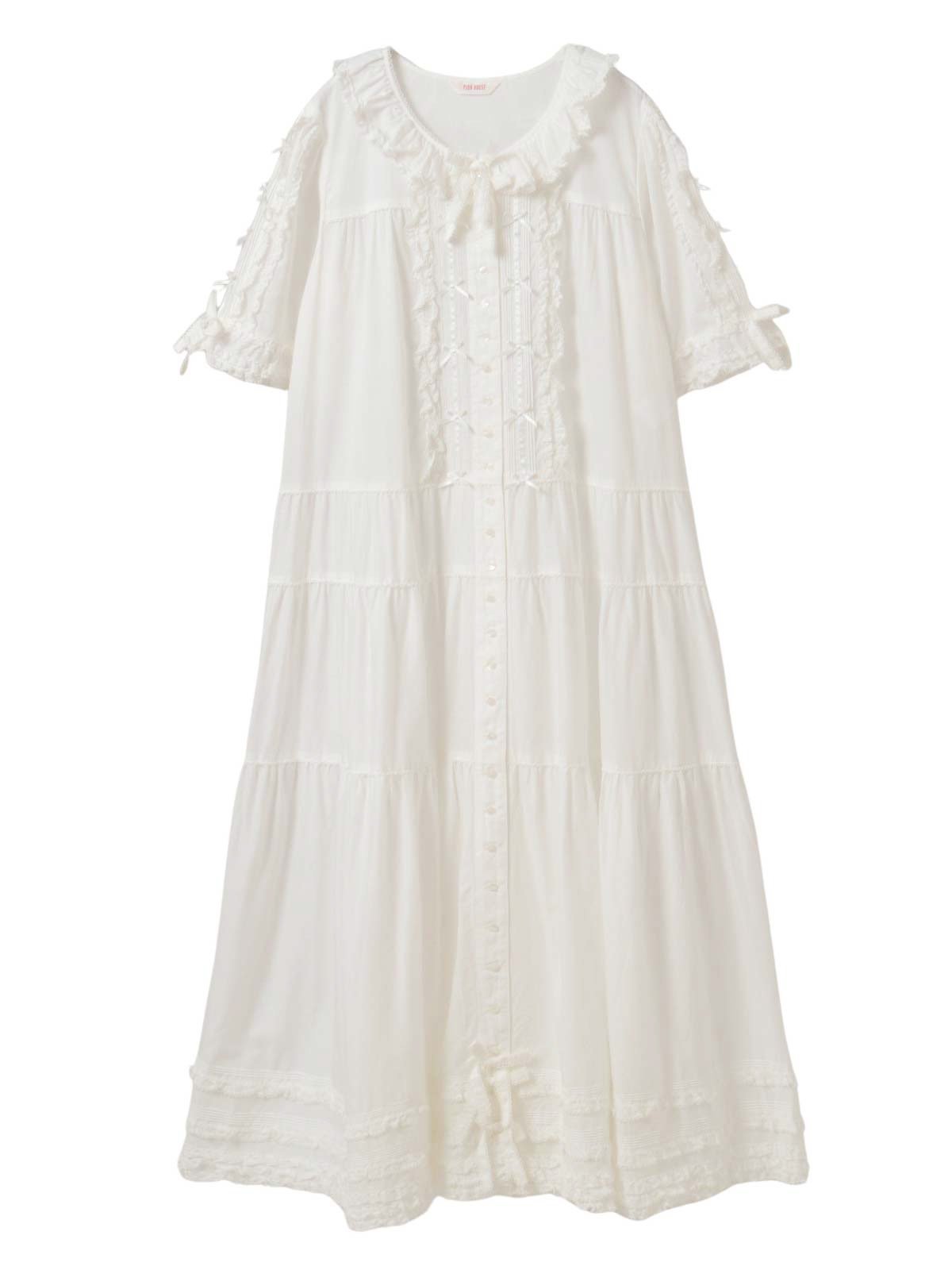 【ピンクハウス/PINK HOUSE】のローンティアードワンピース インテリア・キッズ・メンズ・レディースファッション・服の通販 founy(ファニー) 　ファッション　Fashion　レディースファッション　Fashion for Women　ワンピース　Dresses　サテン　Satin, Glossy Fabric　スリーブ　Sleeve, Long Sleeve / Short Sleeve　フリル　Frill, Ruffle　フレア　Flare, Flared　ペチコート　Petticoat, Underskirt　モチーフ　Motif, Design Theme　リボン　Ribbon, Bow　ロング　Long, Long-Length　エレガント 上品　Elegant　シロ|ID: prp329100004570370 ipo3291000000032714053