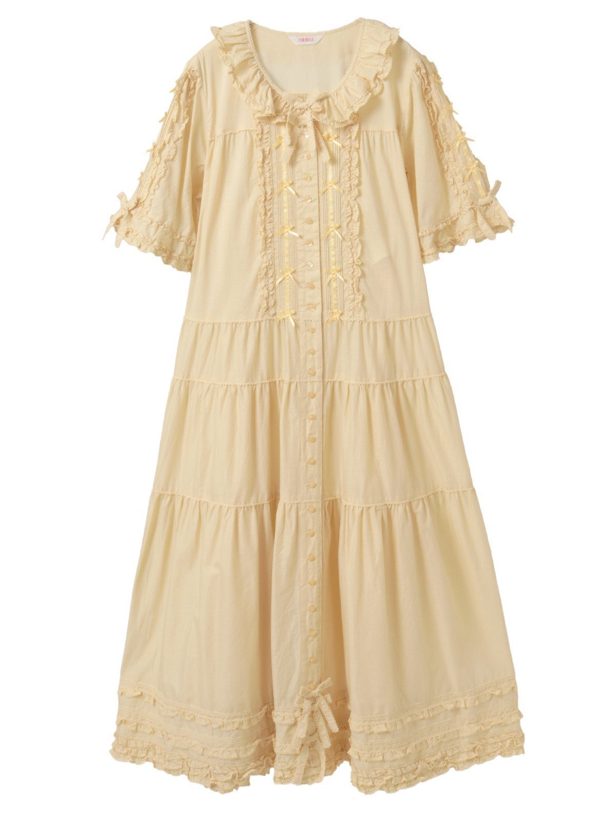 【ピンクハウス/PINK HOUSE】のローンティアードワンピース インテリア・キッズ・メンズ・レディースファッション・服の通販 founy(ファニー) 　ファッション　Fashion　レディースファッション　Fashion for Women　ワンピース　Dresses　サテン　Satin, Glossy Fabric　スリーブ　Sleeve, Long Sleeve / Short Sleeve　フリル　Frill, Ruffle　フレア　Flare, Flared　ペチコート　Petticoat, Underskirt　モチーフ　Motif, Design Theme　リボン　Ribbon, Bow　ロング　Long, Long-Length　エレガント 上品　Elegant　クリームイエロー|ID: prp329100004570370 ipo3291000000032714055