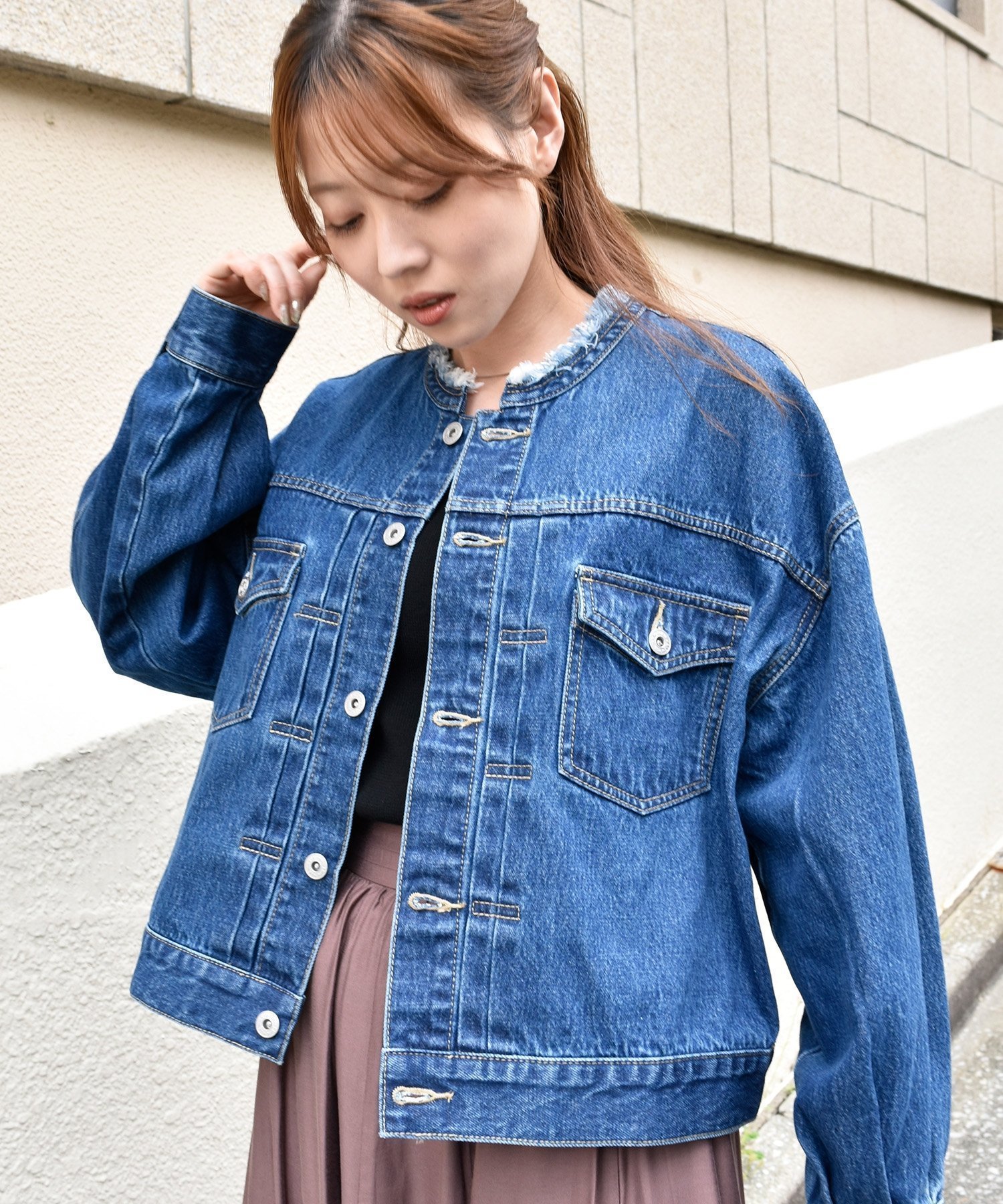 【ルクールブラン/le.coeur blanc】のノーカラーデニムジャケット インテリア・キッズ・メンズ・レディースファッション・服の通販 founy(ファニー) 　ファッション　Fashion　レディースファッション　WOMEN　アウター　Coat Outerwear　ジャケット　Jackets　デニムジャケット　Denim Jackets　ブルー|ID: prp329100004570450 ipo3291000000032337822