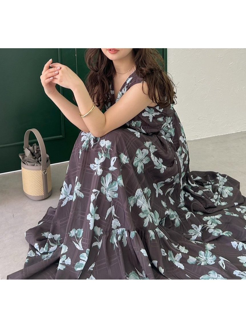 【フレイ アイディー/FRAY I.D】のフラワープリントカシュクールワンピース/接触冷感 インテリア・キッズ・メンズ・レディースファッション・服の通販 founy(ファニー) 　ファッション　Fashion　レディースファッション　Ladies' Fashion Online　ワンピース　Dress　エレガント 上品　Elegant　カシュクール　Cachecoeur　ギャザー　Gather　切替　Switching　シアー　Sheer　チェック　Check　トレンド　Trend　フレア　Flare　プリント　Print　リュクス　Luxe　BRW[058]|ID: prp329100004570451 ipo3291000000032607712