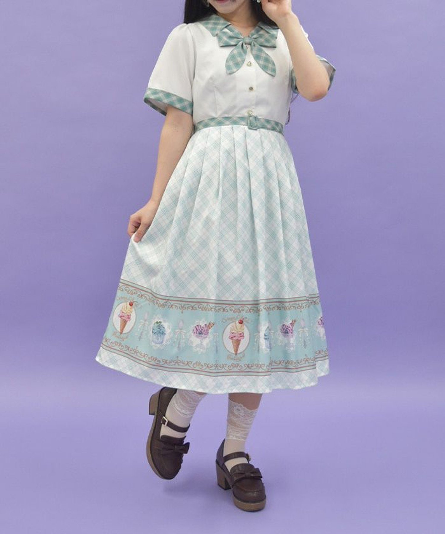【アクシーズファム/axes femme】のレトロアイスクリームワンピース インテリア・キッズ・メンズ・レディースファッション・服の通販 founy(ファニー) 　ファッション　Fashion　レディースファッション　Fashion for Women　ワンピース　Dresses　おすすめ　Recommended / Our Picks　チェック　Check, Plaid, Tartan　ドッキング　Docking, Mixed Material　ビジュー　Bijou, Jewel-like Accent　プリント　Print, Printed Pattern　リボン　Ribbon, Bow　ミント|ID: prp329100004570551 ipo3291000000032763612