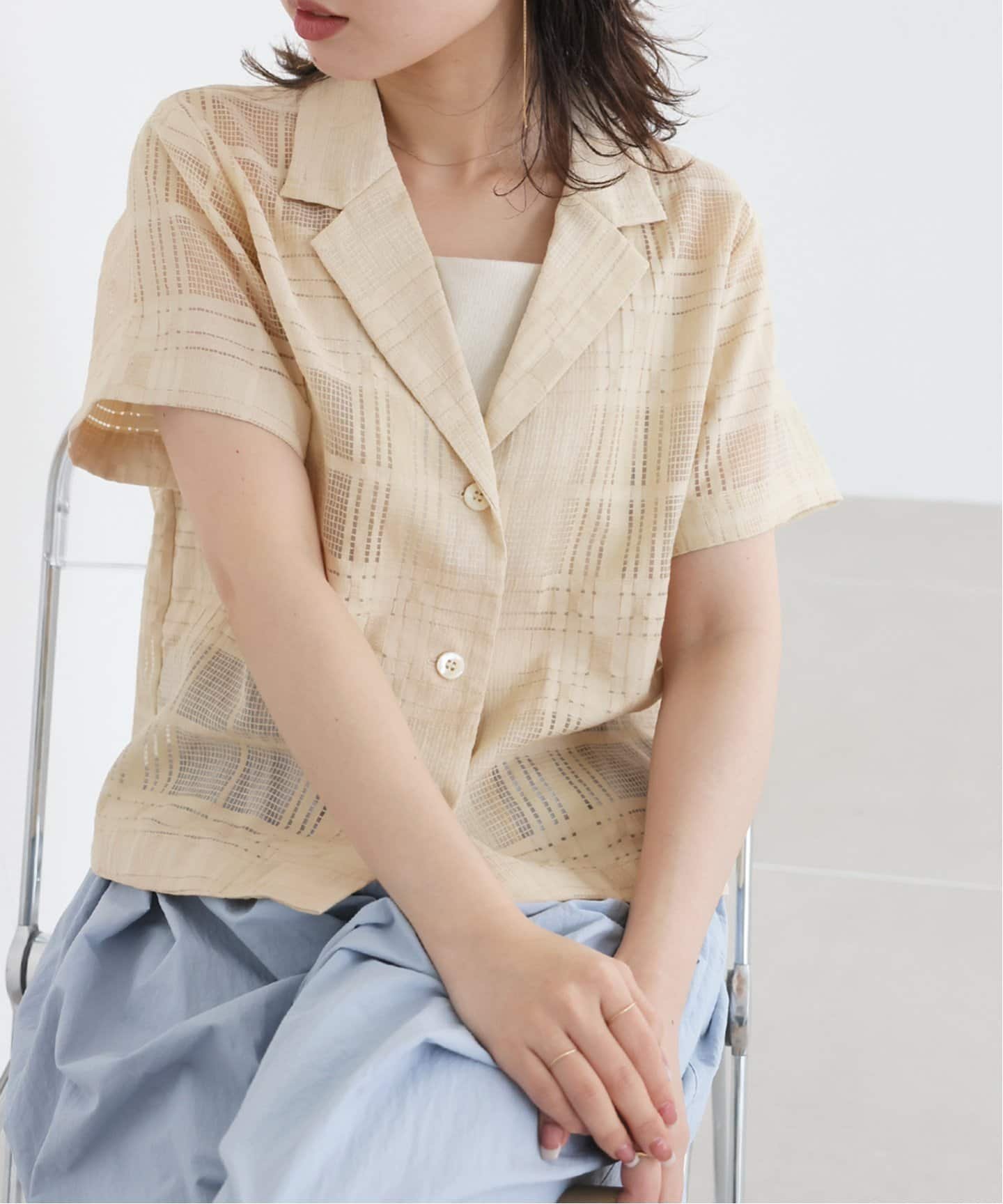 【スローブ イエナ/SLOBE IENA】のシアーチェック開襟ブラウス インテリア・キッズ・メンズ・レディースファッション・服の通販 founy(ファニー) 　ファッション　Fashion　レディースファッション　WOMEN　トップス・カットソー　Tops/Tshirt　シャツ/ブラウス　Shirts/Blouses　2025年　2025　2025春夏・S/S　Ss,Spring/Summer,2025　おすすめ　Recommend　シャドー　Shadow　ジャケット　Jacket　チェック　Check　デニム　Denim　リネン　Linen　夏　Summer　羽織　Haori　ベージュ|ID: prp329100004570922 ipo3291000000032342139