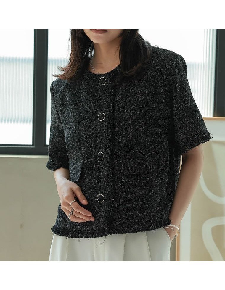 【リエディ/Re:EDIT】のサマーツイード半袖ノーカラージャケット インテリア・キッズ・メンズ・レディースファッション・服の通販 founy(ファニー) 　ファッション　Fashion　レディースファッション　WOMEN　アウター　Coat Outerwear　ジャケット　Jackets　ノーカラージャケット　No Collar Leather Jackets　おすすめ　Recommend　サマー　Summer　ジャケット　Jacket　セットアップ　Set Up　ツイード　Tweed　デニム　Denim　フェミニン　Feminine　フォーマル　Formal　エレガント 上品　Elegant　半袖　Short Sleeve　夏　Summer　ブラック|ID: prp329100004571381 ipo3291000000032346115