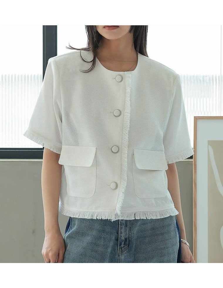 【リエディ/Re:EDIT】のサマーツイード半袖ノーカラージャケット インテリア・キッズ・メンズ・レディースファッション・服の通販 founy(ファニー) 　ファッション　Fashion　レディースファッション　WOMEN　アウター　Coat Outerwear　ジャケット　Jackets　ノーカラージャケット　No Collar Leather Jackets　おすすめ　Recommend　サマー　Summer　ジャケット　Jacket　セットアップ　Set Up　ツイード　Tweed　デニム　Denim　フェミニン　Feminine　フォーマル　Formal　エレガント 上品　Elegant　半袖　Short Sleeve　夏　Summer　ホワイト|ID: prp329100004571381 ipo3291000000032346116