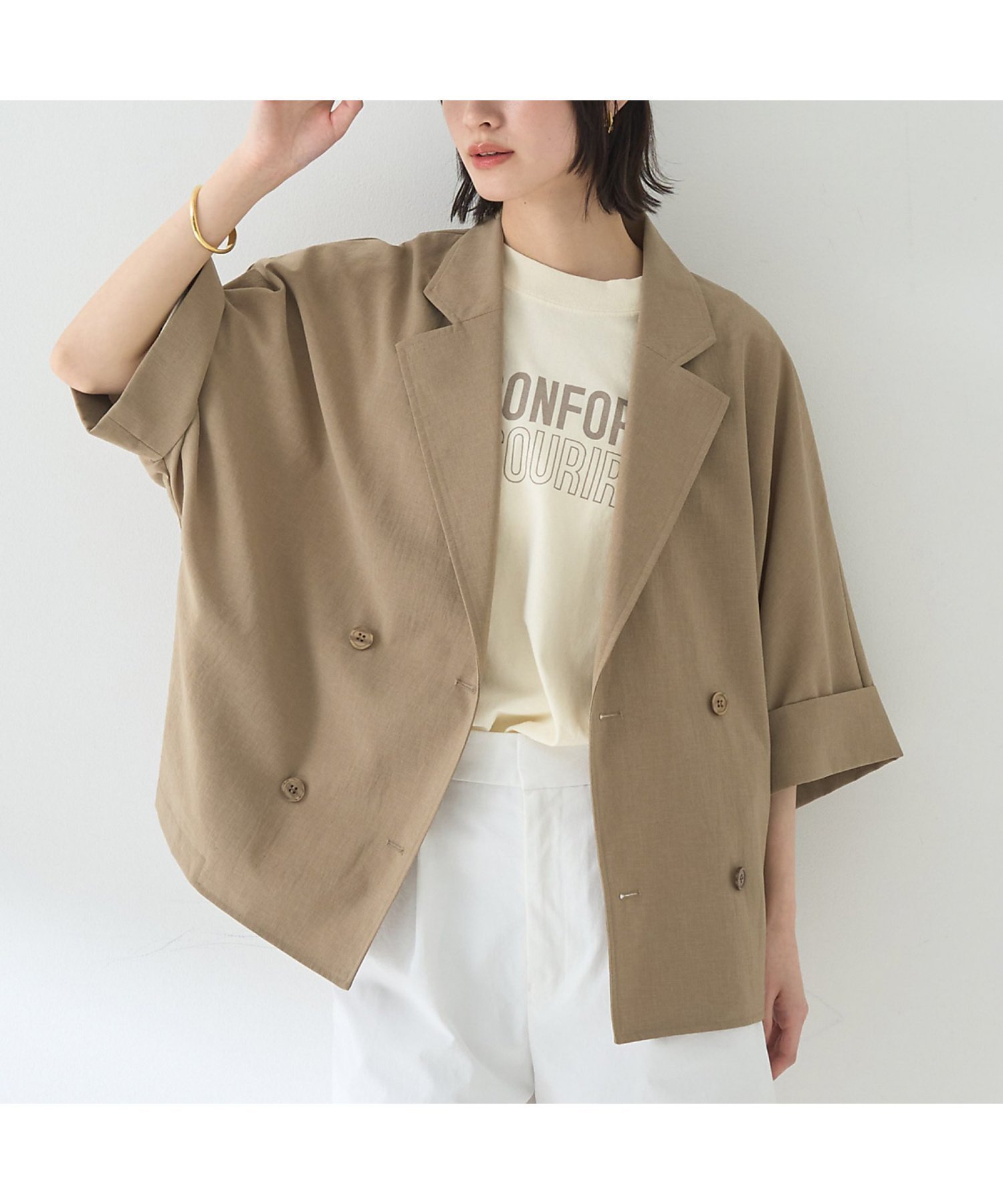 【ルージュヴィフラクレ/Rouge vif la cle】の撥水ドルマンハーフ袖ジャケット インテリア・キッズ・メンズ・レディースファッション・服の通販 founy(ファニー) 　ファッション　Fashion　レディースファッション　WOMEN　アウター　Coat Outerwear　ジャケット　Jackets　インナー　Inner　カットソー　Cut And Sew　サマー　Summer　ジャケット　Jacket　ダブル　Double　ハーフ　Half　フェミニン　Feminine　フレア　Flare　再入荷　Restock/Back In Stock/Re Arrival　夏　Summer　春　Spring　S/S・春夏　Ss・Spring/Summer　ダークベージュ|ID: prp329100004571385 ipo3291000000032346135