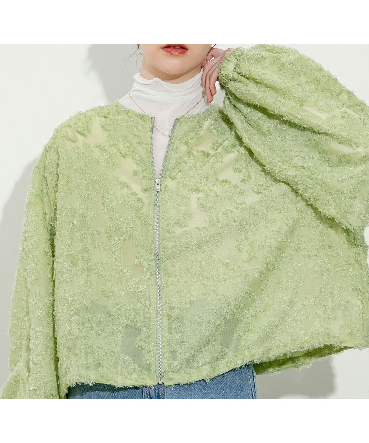 【ジャイロ/JAYRO】のフラワーフリンジジャガードノーカラーブルゾン インテリア・キッズ・メンズ・レディースファッション・服の通販 founy(ファニー) 　ファッション　Fashion　レディースファッション　WOMEN　アウター　Coat Outerwear　ブルゾン　Blouson/Jackets　おすすめ　Recommend　インナー　Inner　シンプル　Simple　ブルゾン　Blouson　ポケット　Pocket　春　Spring　ライトグリーン(33)|ID: prp329100004571413 ipo3291000000032346337
