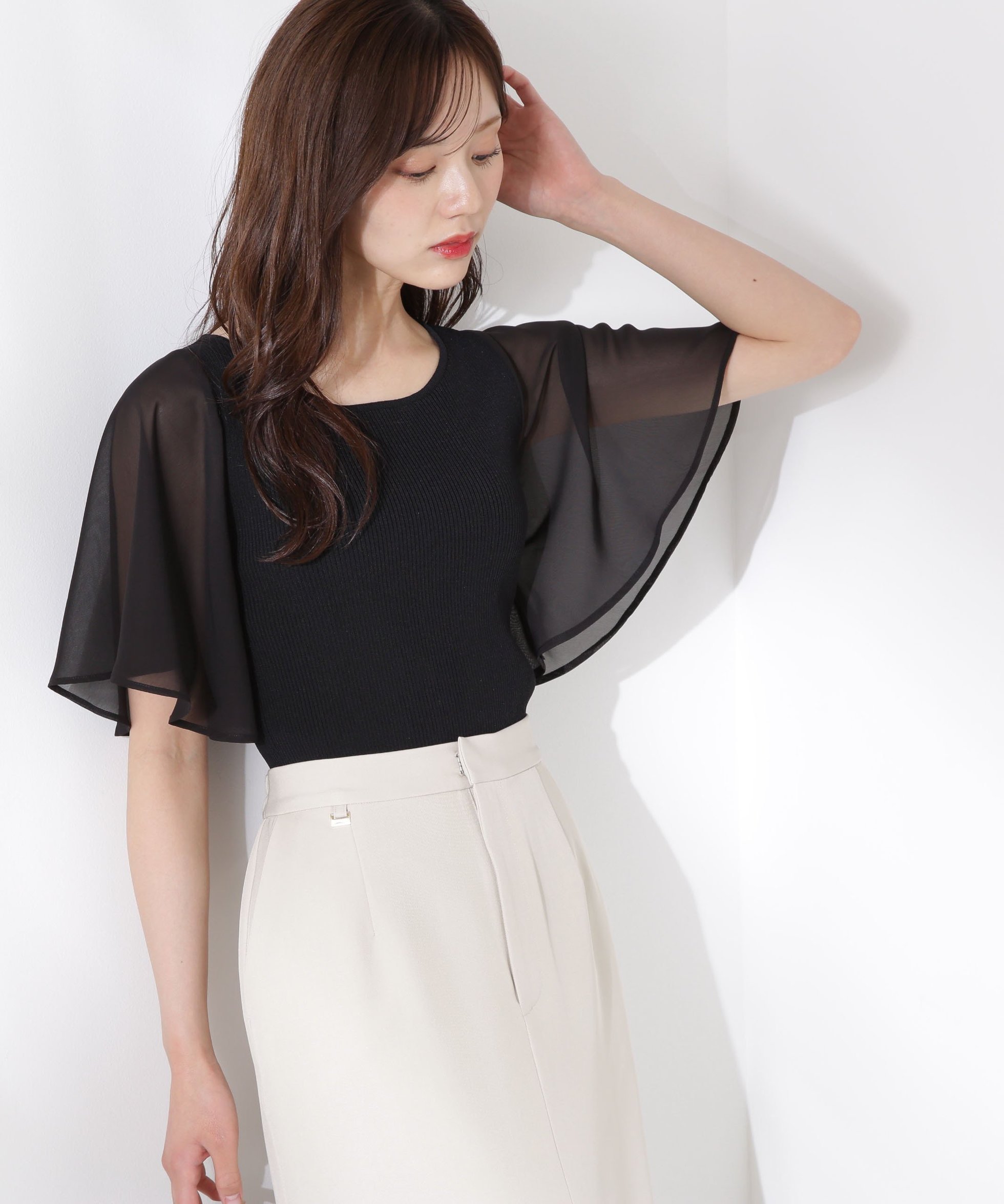 【プロポーション ボディドレッシング/PROPORTION BODY DRESSING】のシアーフレアスリーブリブニット インテリア・キッズ・メンズ・レディースファッション・服の通販 founy(ファニー) 　ファッション　Fashion　レディースファッション　Ladies' Fashion Online　トップス・カットソー　Tops/Tshirt　ニット　Knit Tops　コンビ　Combination　シフォン　Chiffon　シンプル　Simple　スリーブ　Sleeve　リブニット　Rib Knit　エレガント 上品　Elegant　ブラック|ID: prp329100004571443 ipo3291000000032651948